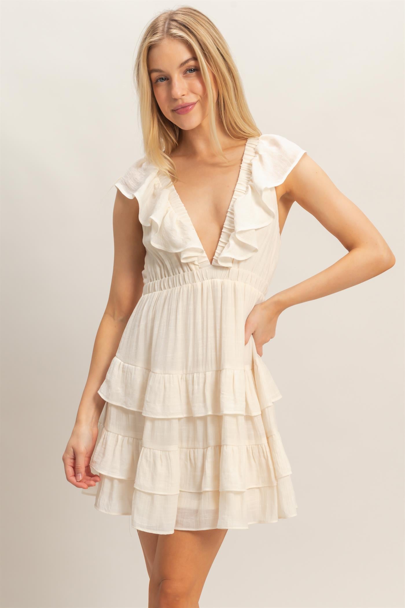 Wholesale Ruffle V-Neck Tiered Mini Dress Dresses HF26C283-D CREAM DOUBLE ZERO