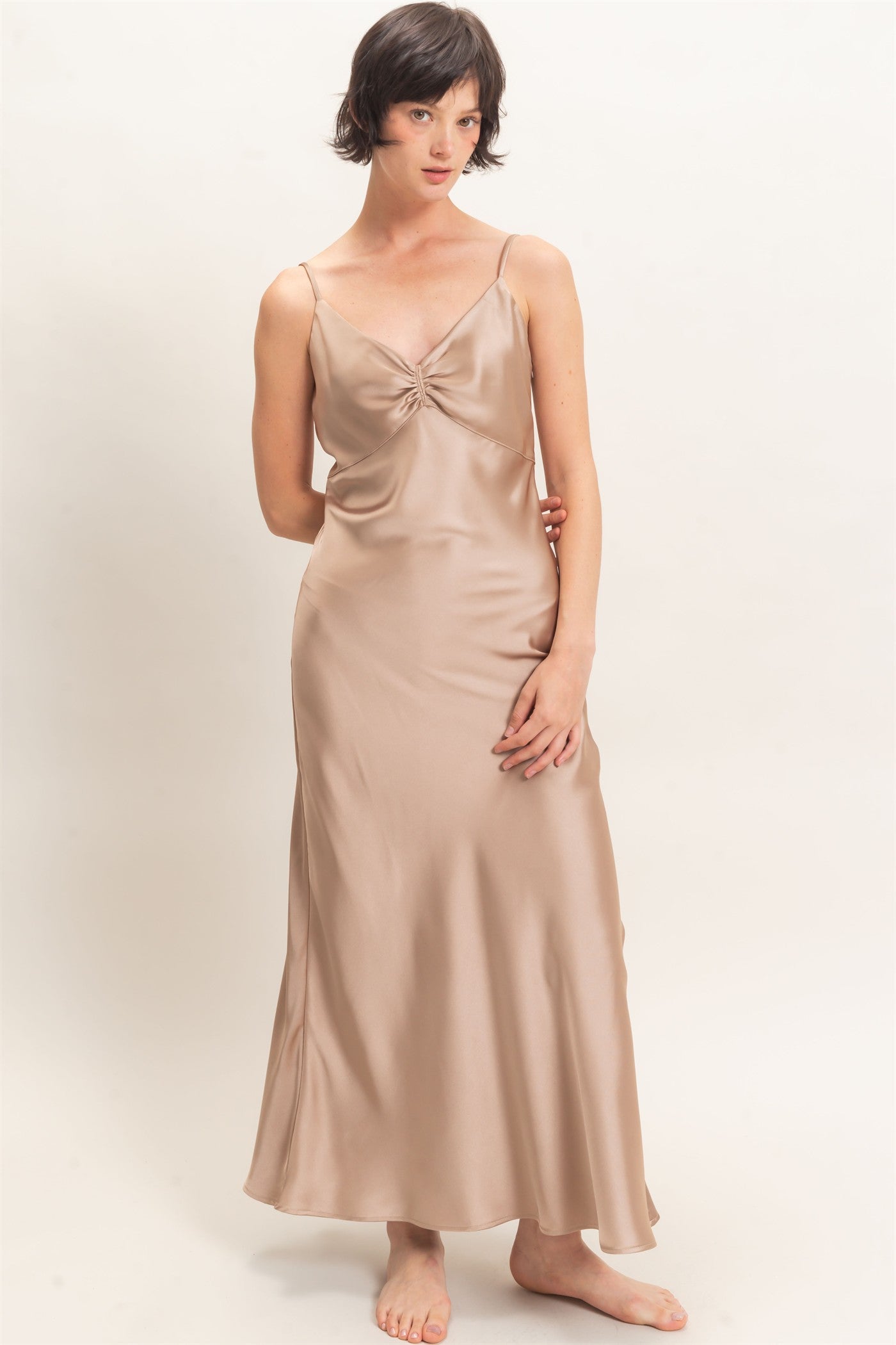 Wholesale Satin Slip Dress With Spaghetti Straps Dresses DZ26E380 DARK TAUPE DOUBLE ZERO