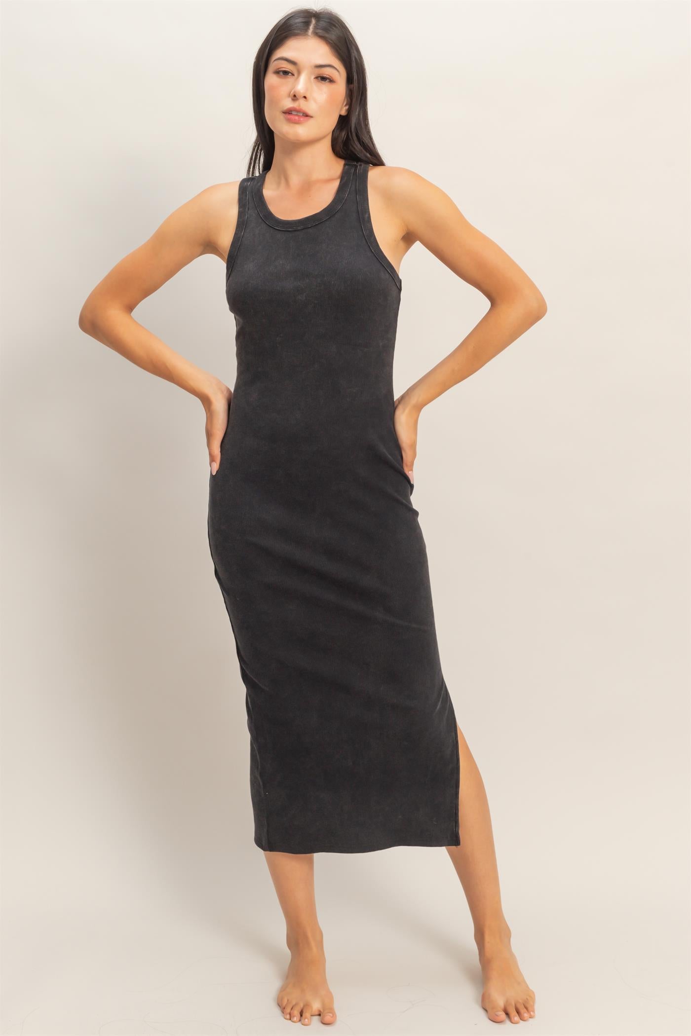 Wholesale Acid Washed Ribbed Midi Tank Dress Dresses DZ26C060 BLACK DOUBLE ZERO