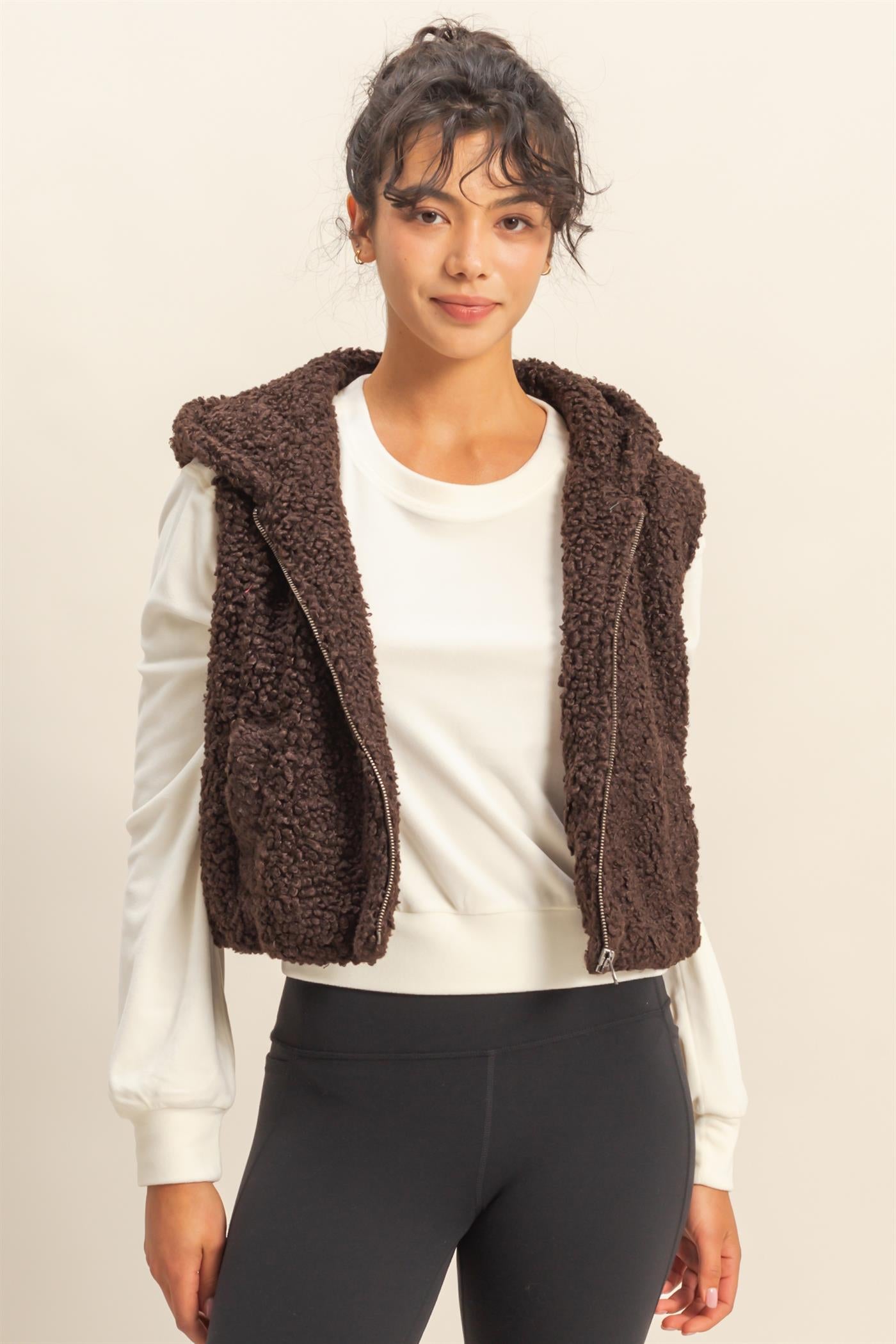 Wholesale Fluffy Full Zip Cropped Hooded Vest Vests DZ24A075 DARK CHOCOLATE DOUBLE ZERO