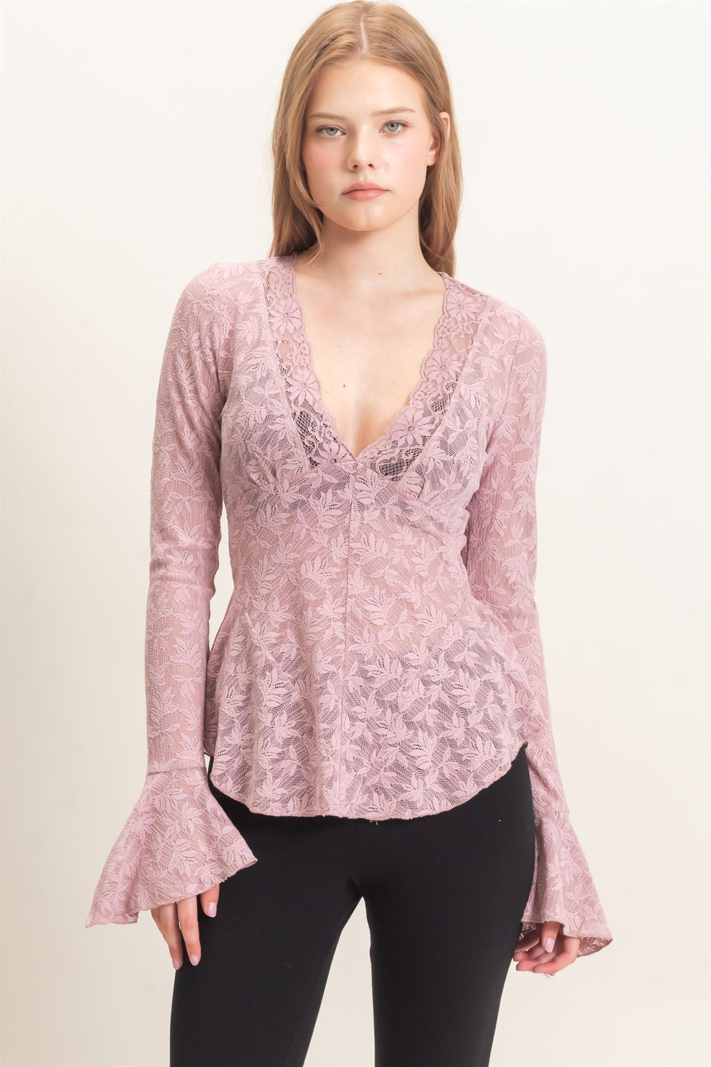 Wholesale Lace V-Neck Flare Sleeve Top Clothing Tops HF26E359 LIGHT MAUVE HYFVE