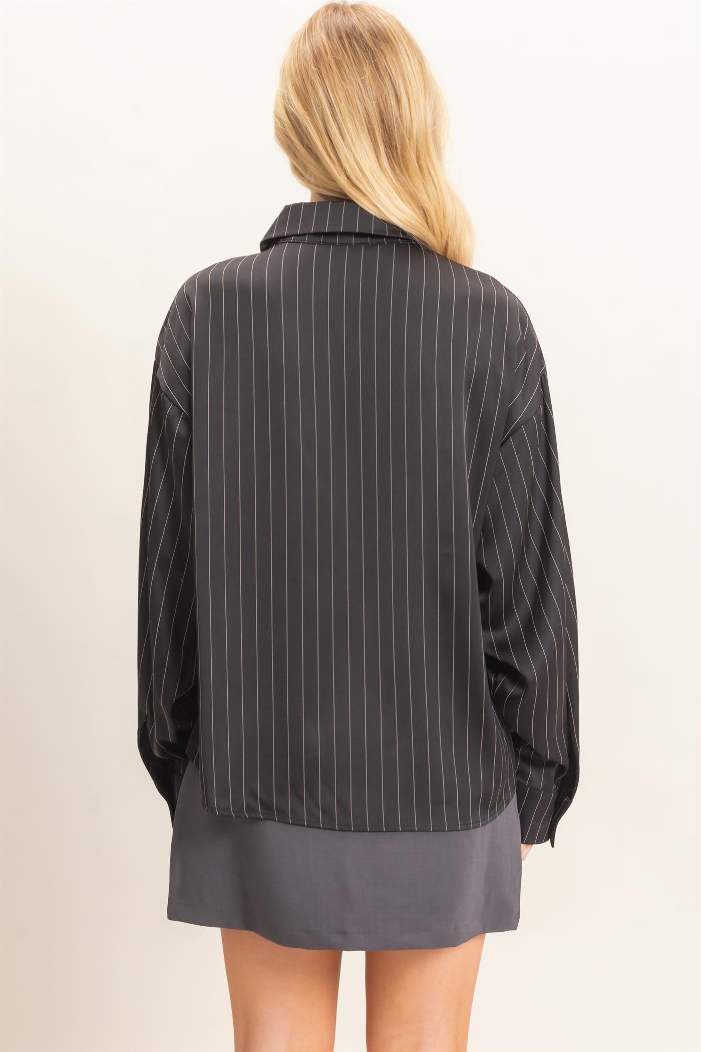 Wholesale Striped Button-Up Blouse Blouses HF26C953 BLACK HYFVE