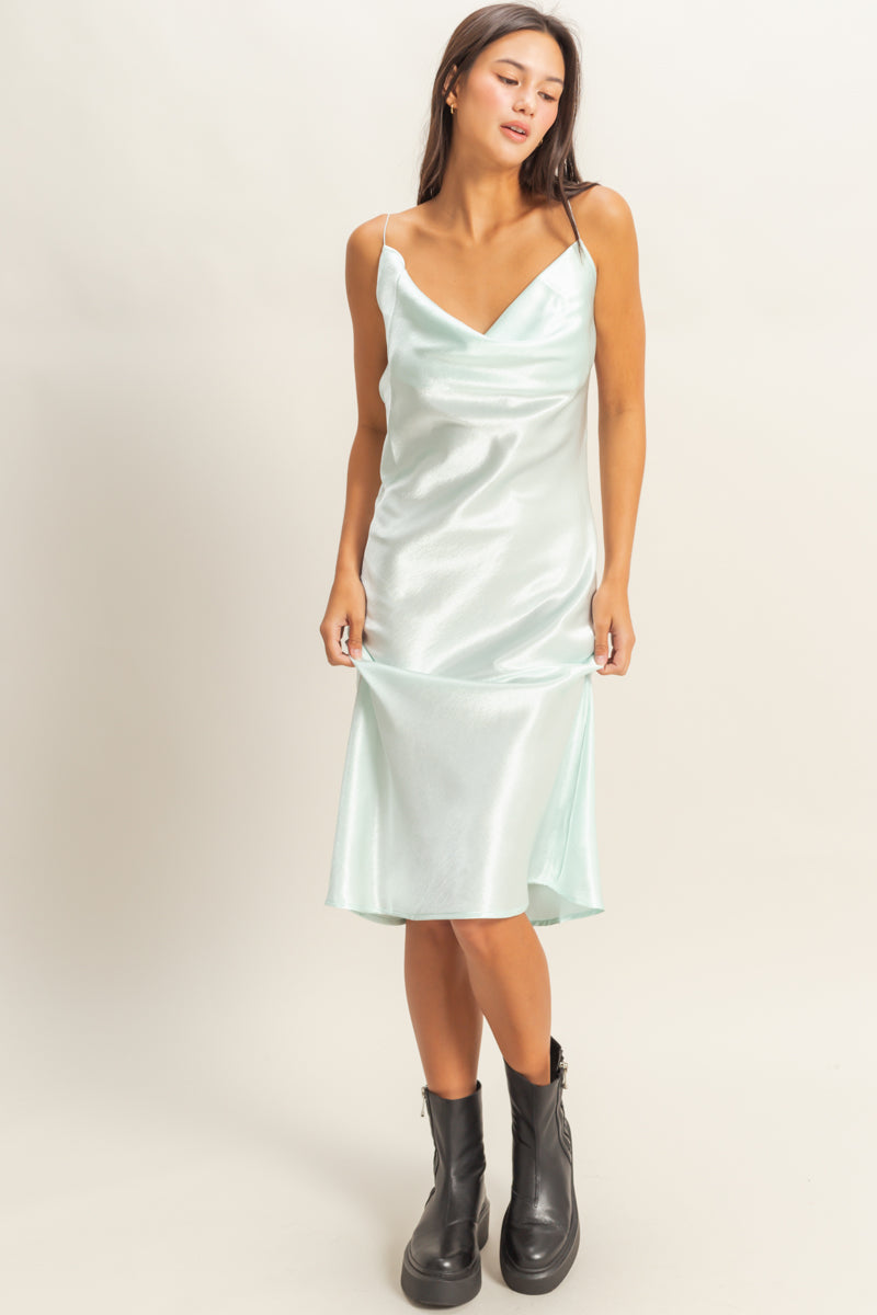 Wholesale Cowl Neck Satin Midi Dress Dresses DZ22A734 LIGHT MINT DOUBLE ZERO