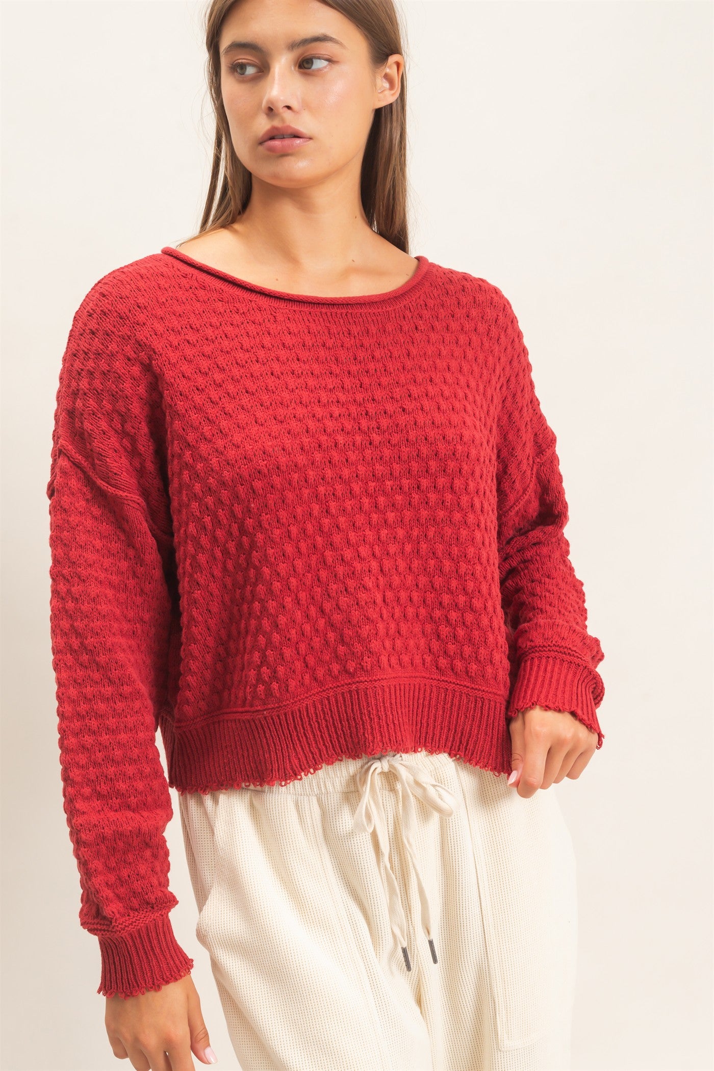 Wholesale Textured Boat Neck Sweater Sweaters DZ26E880 DARK RED DOUBLE ZERO