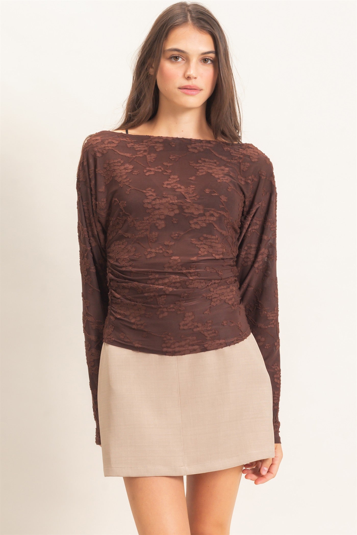 Wholesale Sheer Lace Boat Neck Top Blouses HF26E761 BROWN HYFVE