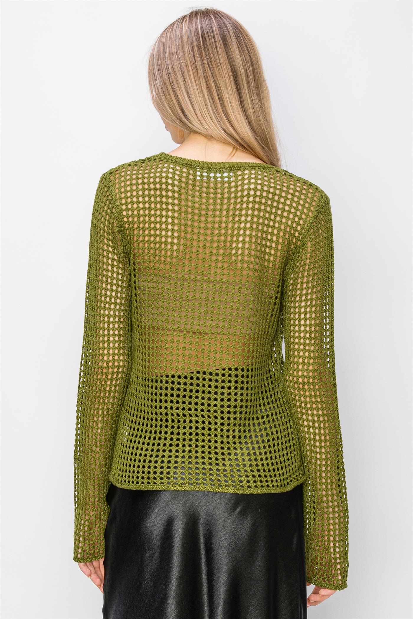 Wholesale Open Knit Long Sleeve Sweater Clothing Tops DZ24C031 MOSS DOUBLE ZERO