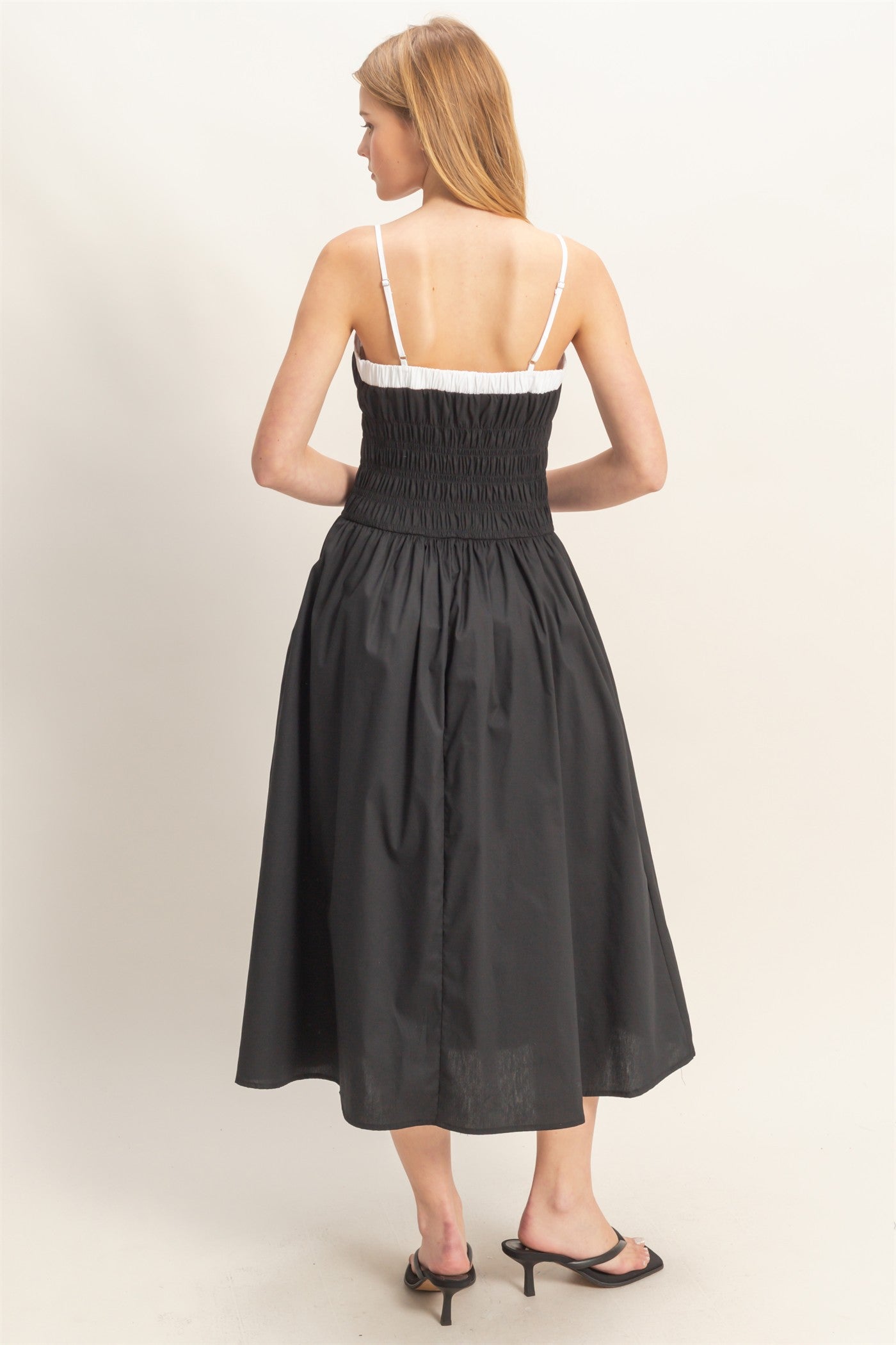 Wholesale Smocked Strapped Midi Dress Dresses HF26A624 BLACK HYFVE