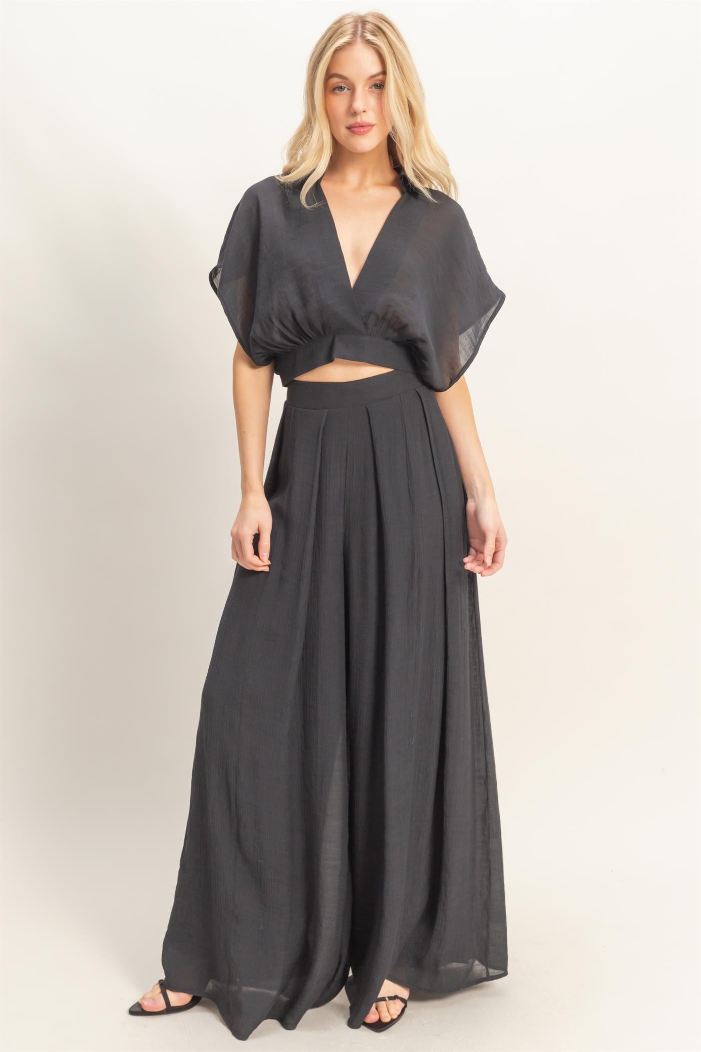 Wholesale Collared Wrap Top & Wide-Leg Pants Set Clothing HF26C286-SET-D BLACK HYFVE