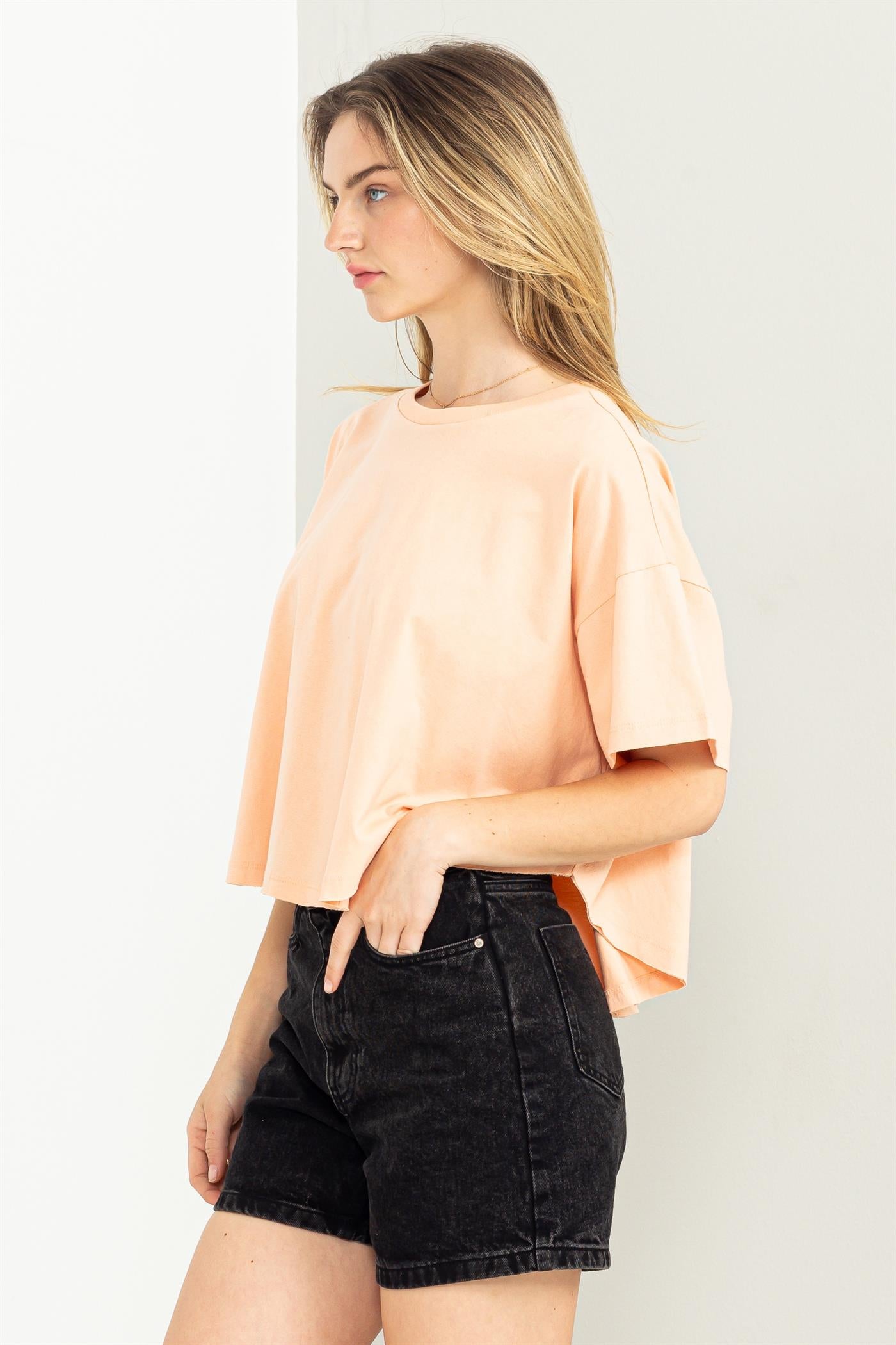 Wholesale Stay Easy Flutter Sleeve High-Low Top Clothing Tops DZ23C410 TROPICAL PEACH DOUBLE ZERO