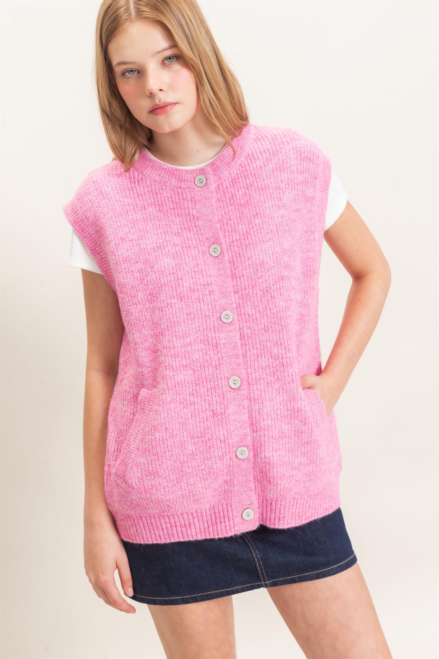 Wholesale Sleeveless Button-Up Sweater Vest Sweaters HF26E304 SOFT PINK HYFVE