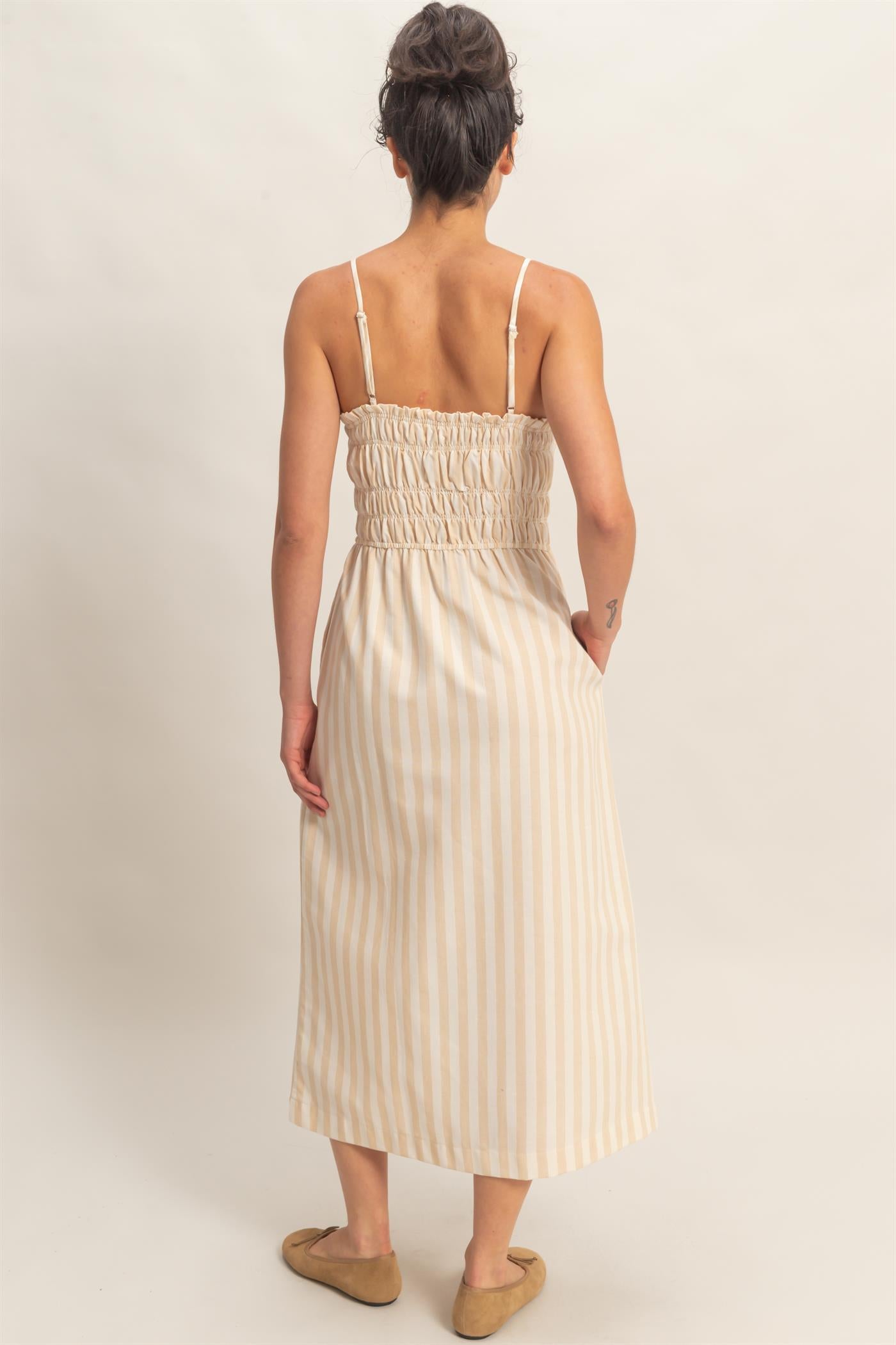 Wholesale Striped Spaghetti Strap Smocking Midi Dress Dresses DZ26C191 TAUPE DOUBLE ZERO