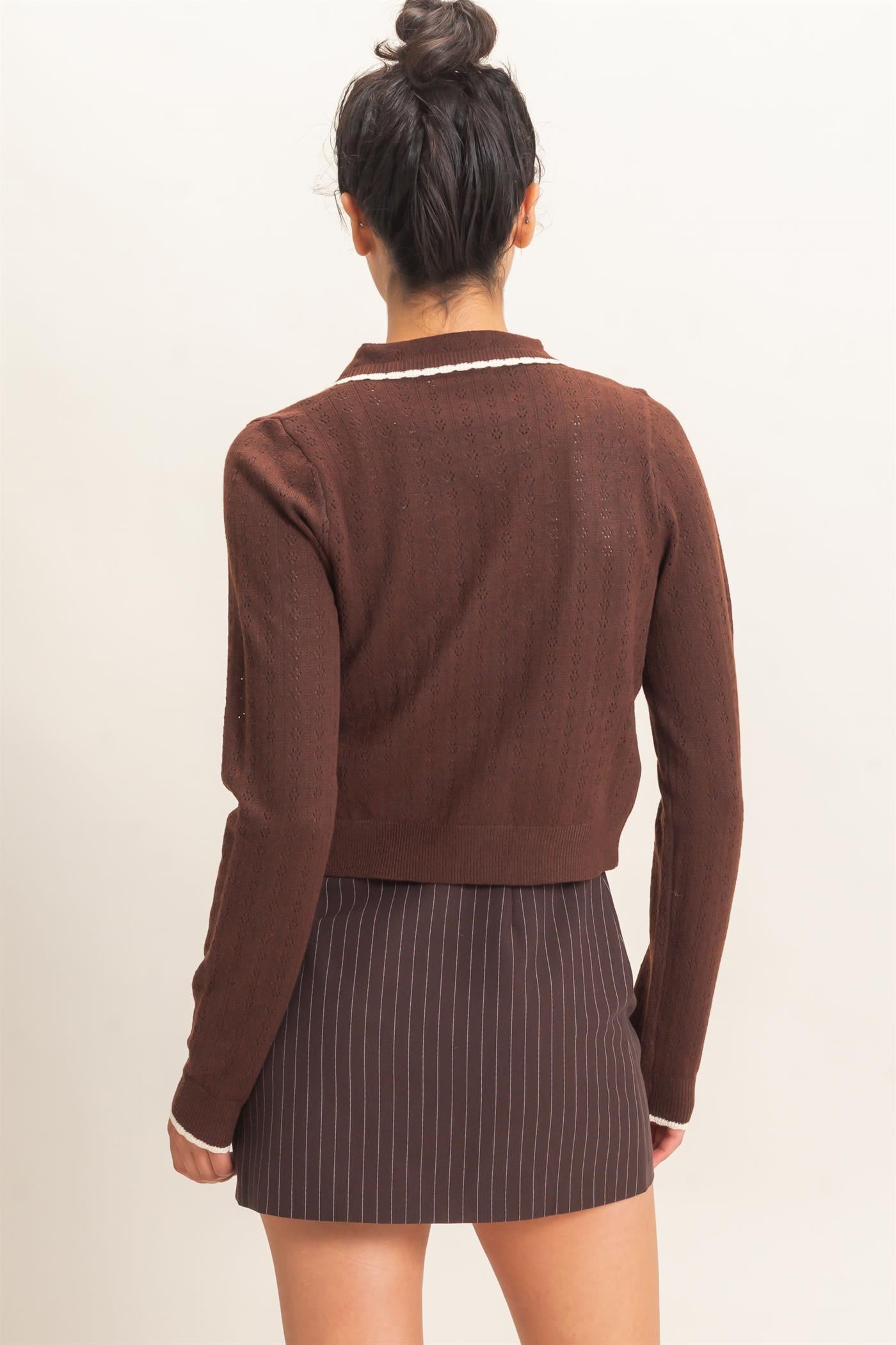 Wholesale Collared Pointelle Knit Cardigan Sweaters DZ26E101 DARK BROWN DOUBLE ZERO