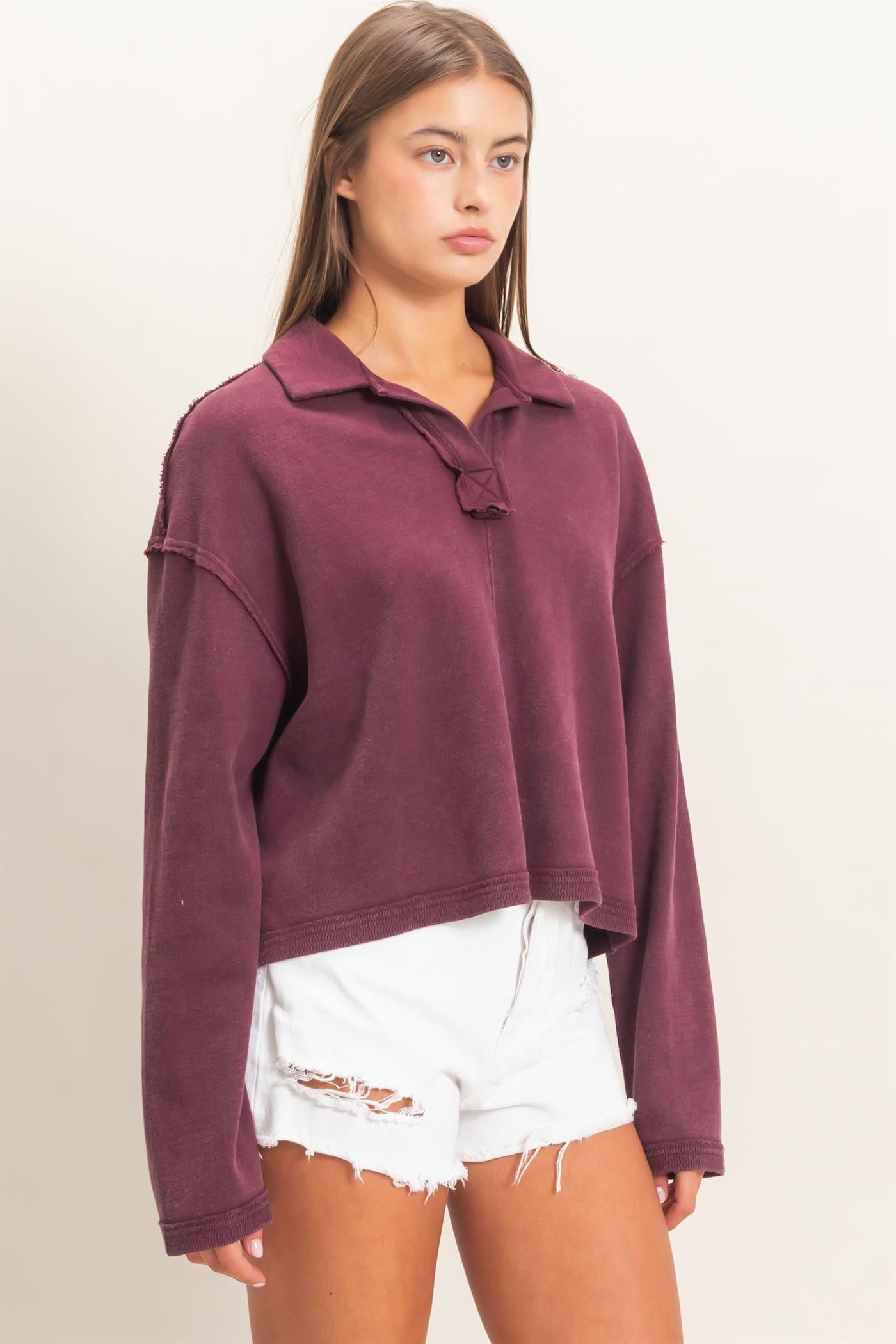 Wholesale Mineral Wash Textured Collar Top Polos DZ26E814 DARK CHERRY DOUBLE ZERO