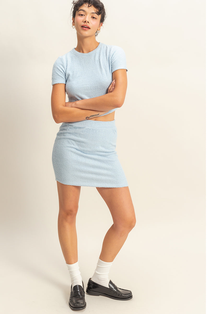Wholesale Short Sleeve Tee And Mini Skirt Set Clothing DZ22C159-SET ARCTIC BLUE DOUBLE ZERO