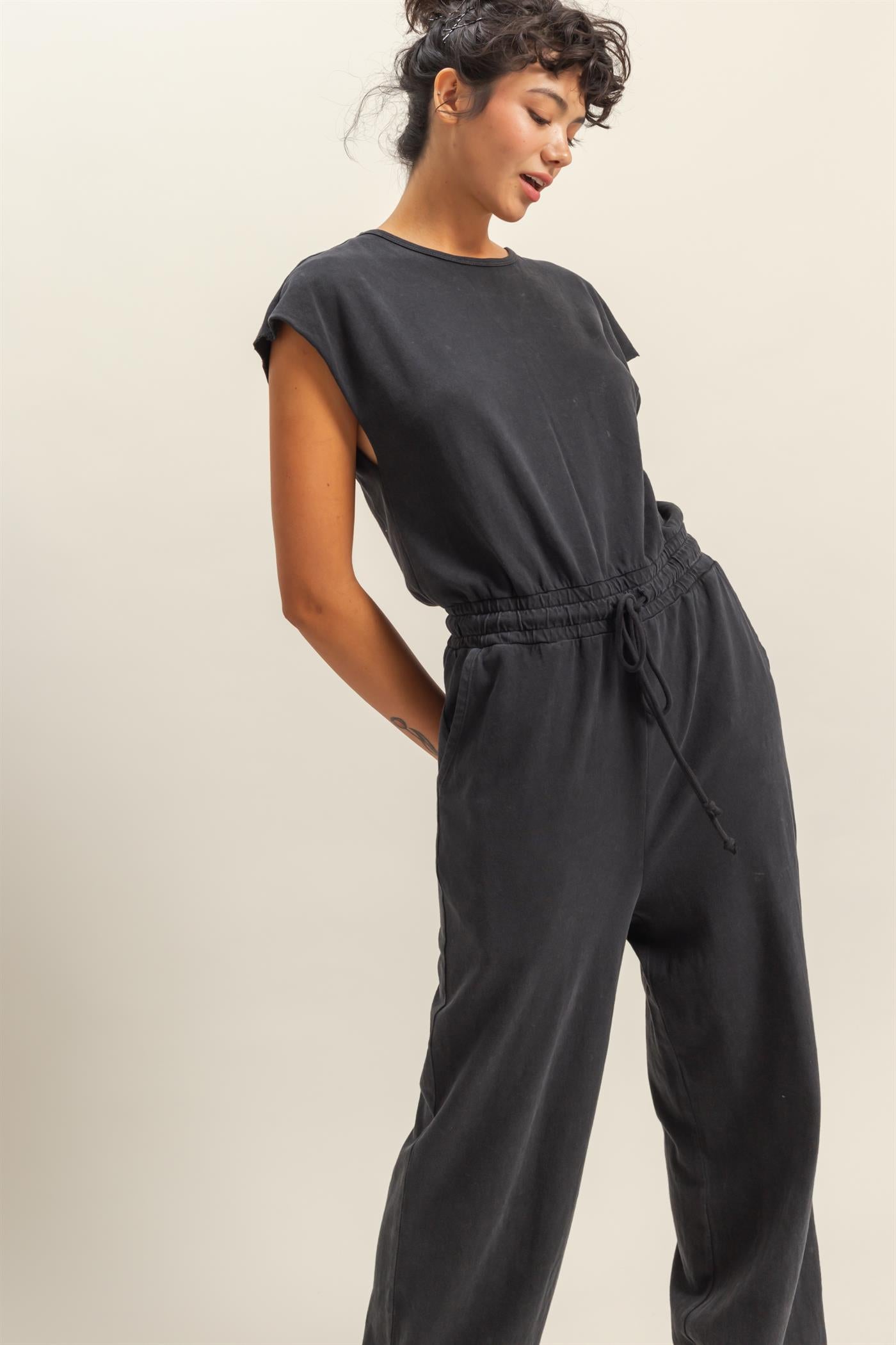 Wholesale Short Sleeve Casual Jumpsuit Clothing DZ24C619 BLACK DOUBLE ZERO
