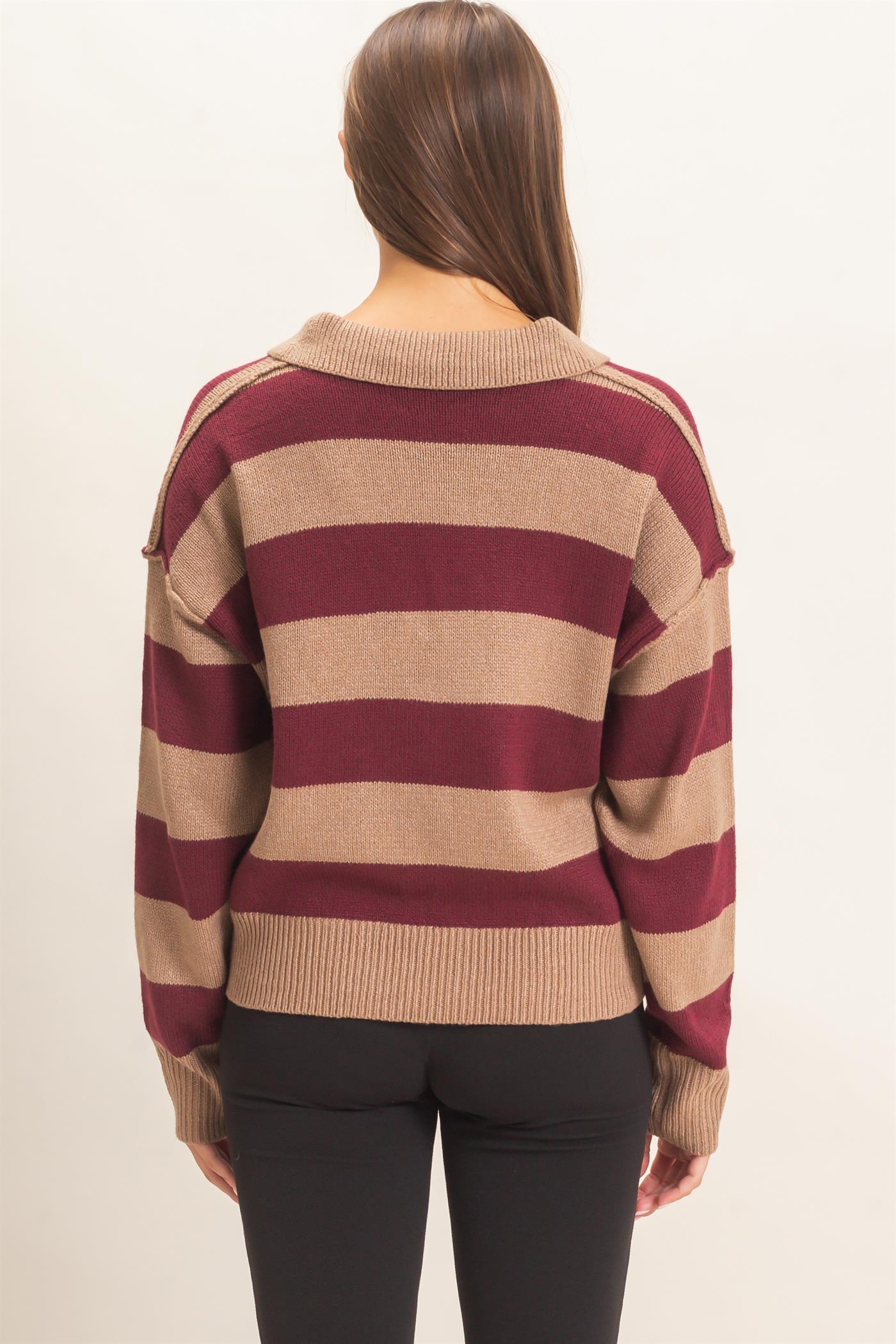 Wholesale Rugby Stripe Polo Sweater Sweaters DZ26E297 BURGUNDY DOUBLE ZERO