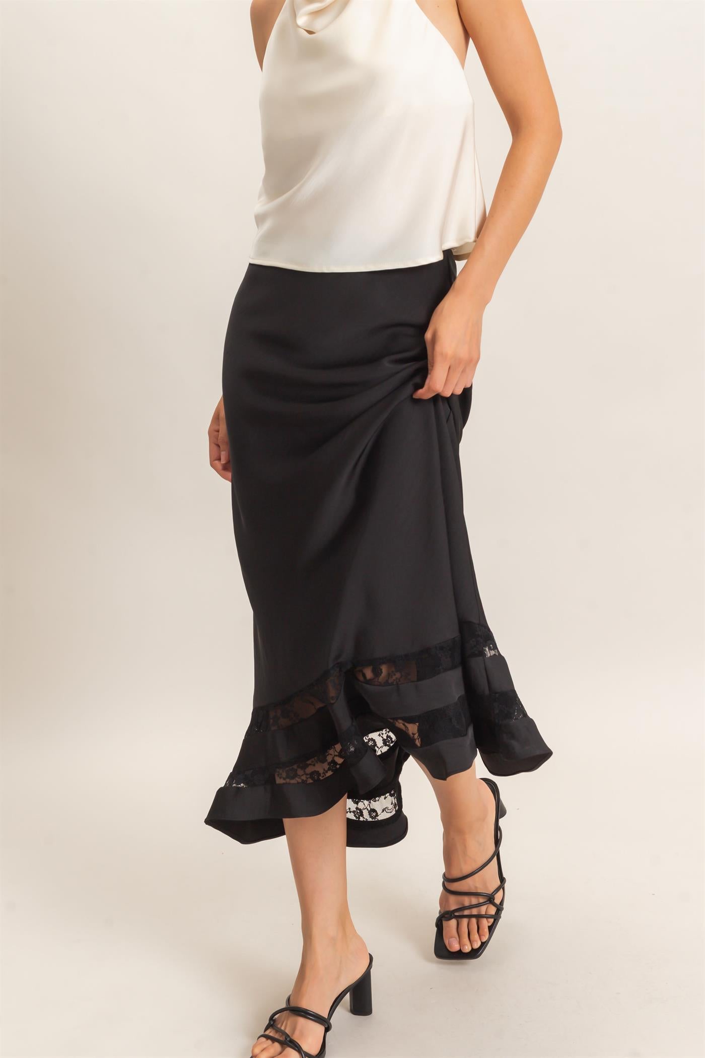 Wholesale Bias Cut Satin Skirt With Lace Hem Skirts HF26E306 BLACK HYFVE