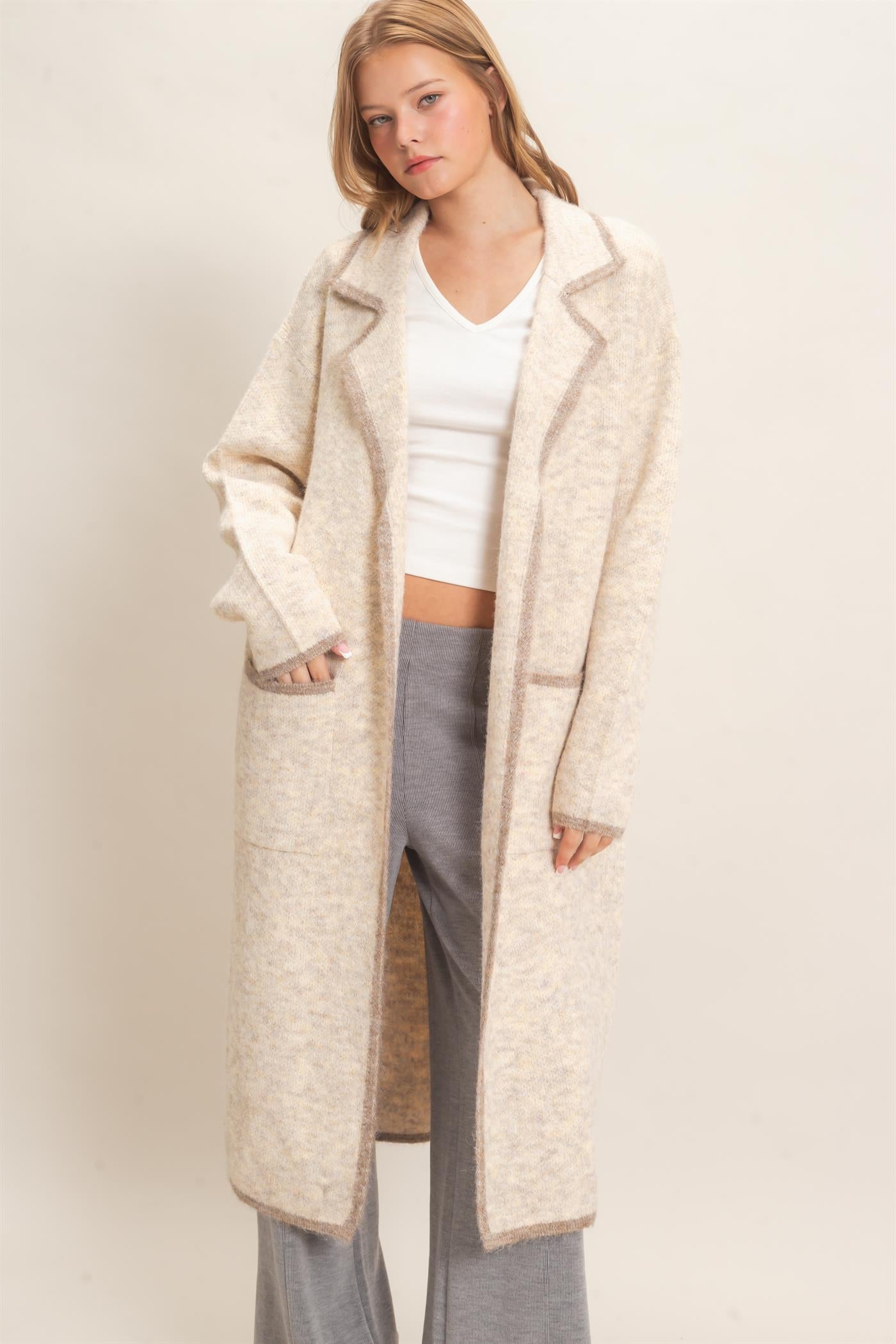 Wholesale Notched Collar Coatigan Sweater Cardigans HF26E695 OATMEAL HYFVE