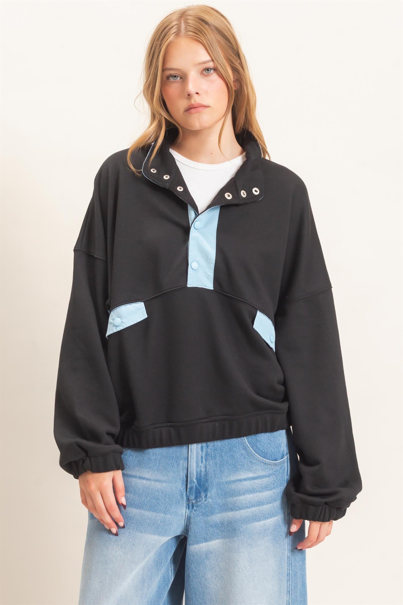 Wholesale Contrast Button-Up Collar Top Clothing Tops HF26C875 BLACK HYFVE
