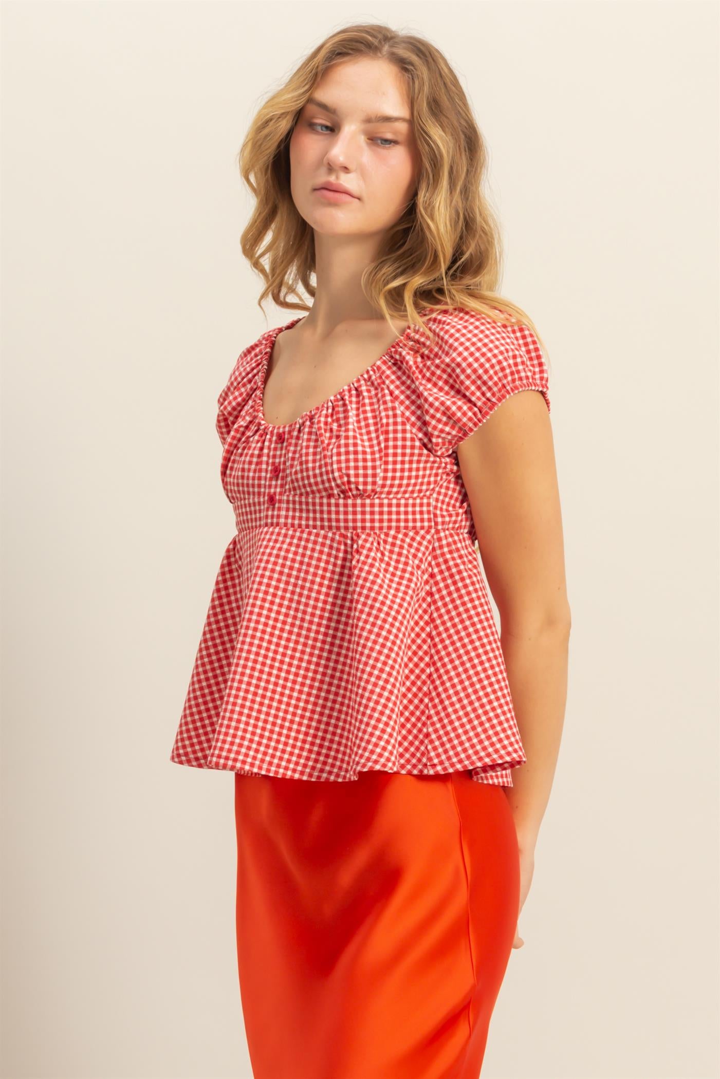 Wholesale Gingham Scoop Neck Cap Sleeve Blouse Blouses DZ25C042 RED DOUBLE ZERO