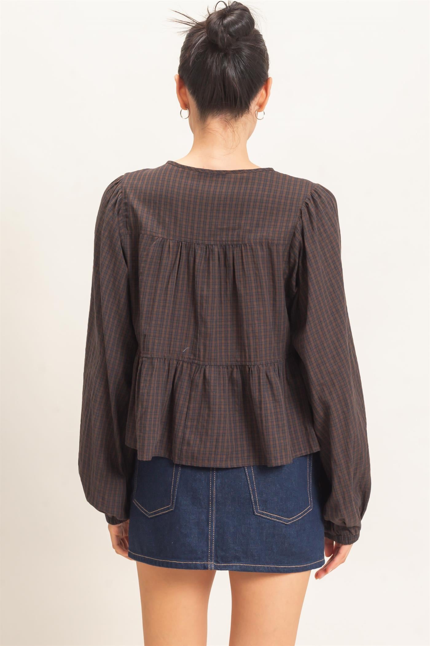 Wholesale Checkered Tie Neck Top Clothing Tops HF26E732 BROWN HYFVE