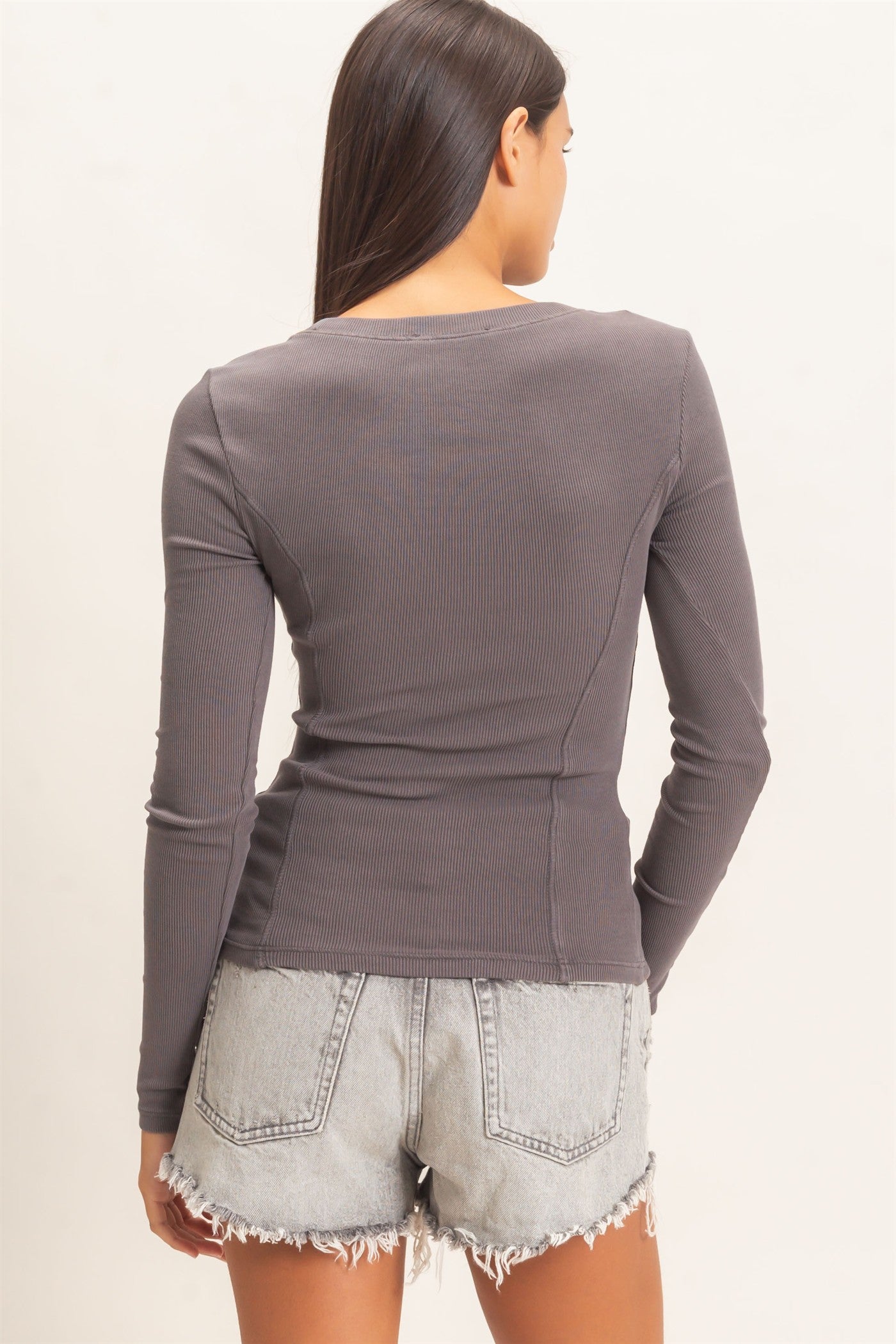 Wholesale Pigment Dye Seam Detail Scoop Neck Top Clothing Tops DZ26E242 CHARCOAL DOUBLE ZERO
