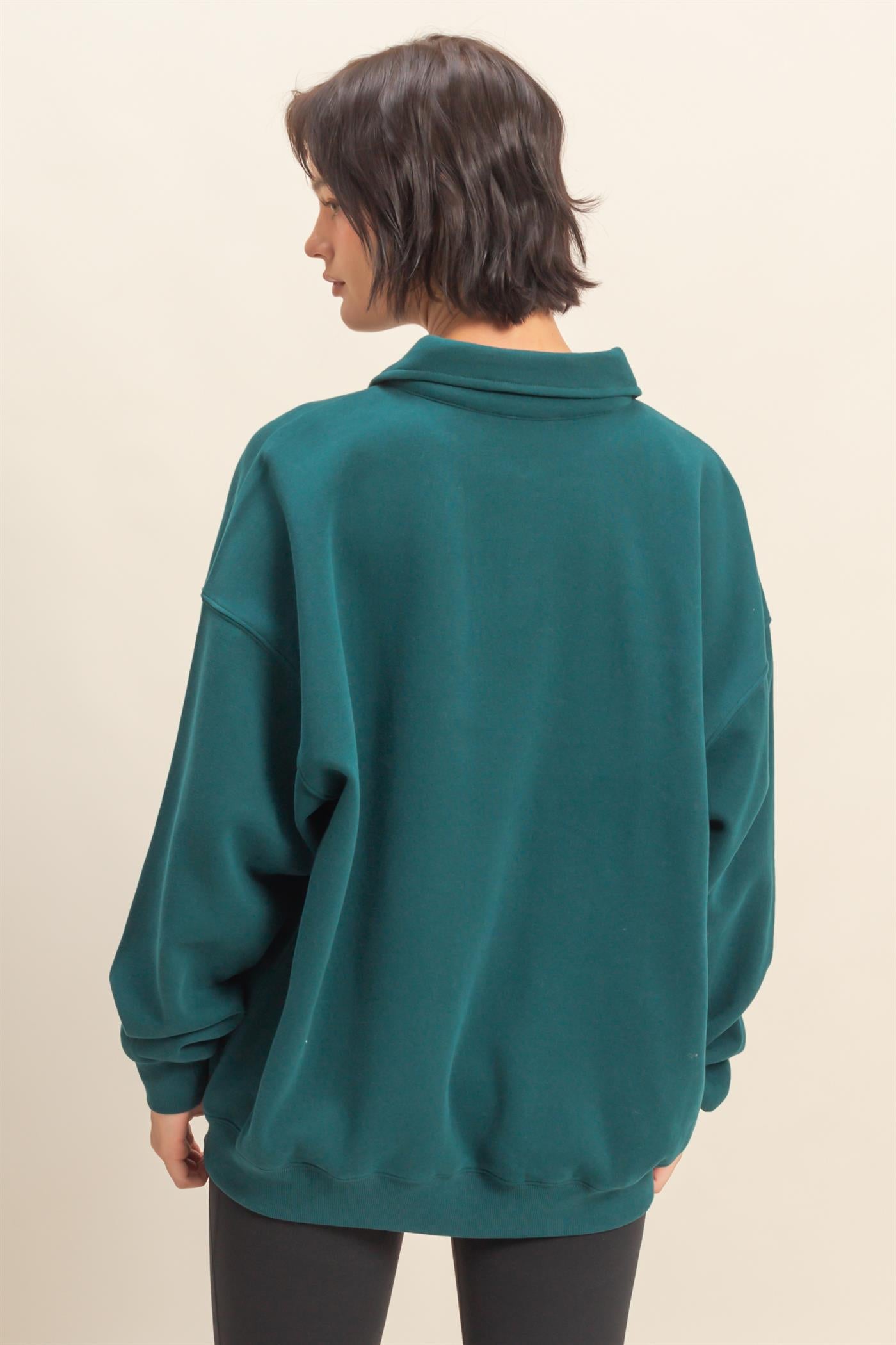 Wholesale Oversized Polo Collared Pullover Sweatshirts DZ25F074 DEEP GREEN DOUBLE ZERO