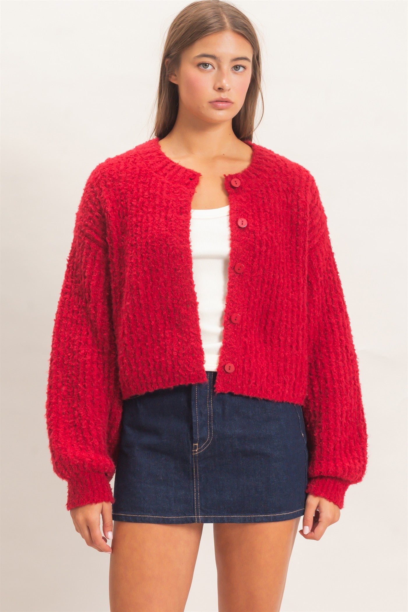 Wholesale Boucle Knit Button Front Cardigan Cardigans DZ26E270 DARK RED DOUBLE ZERO