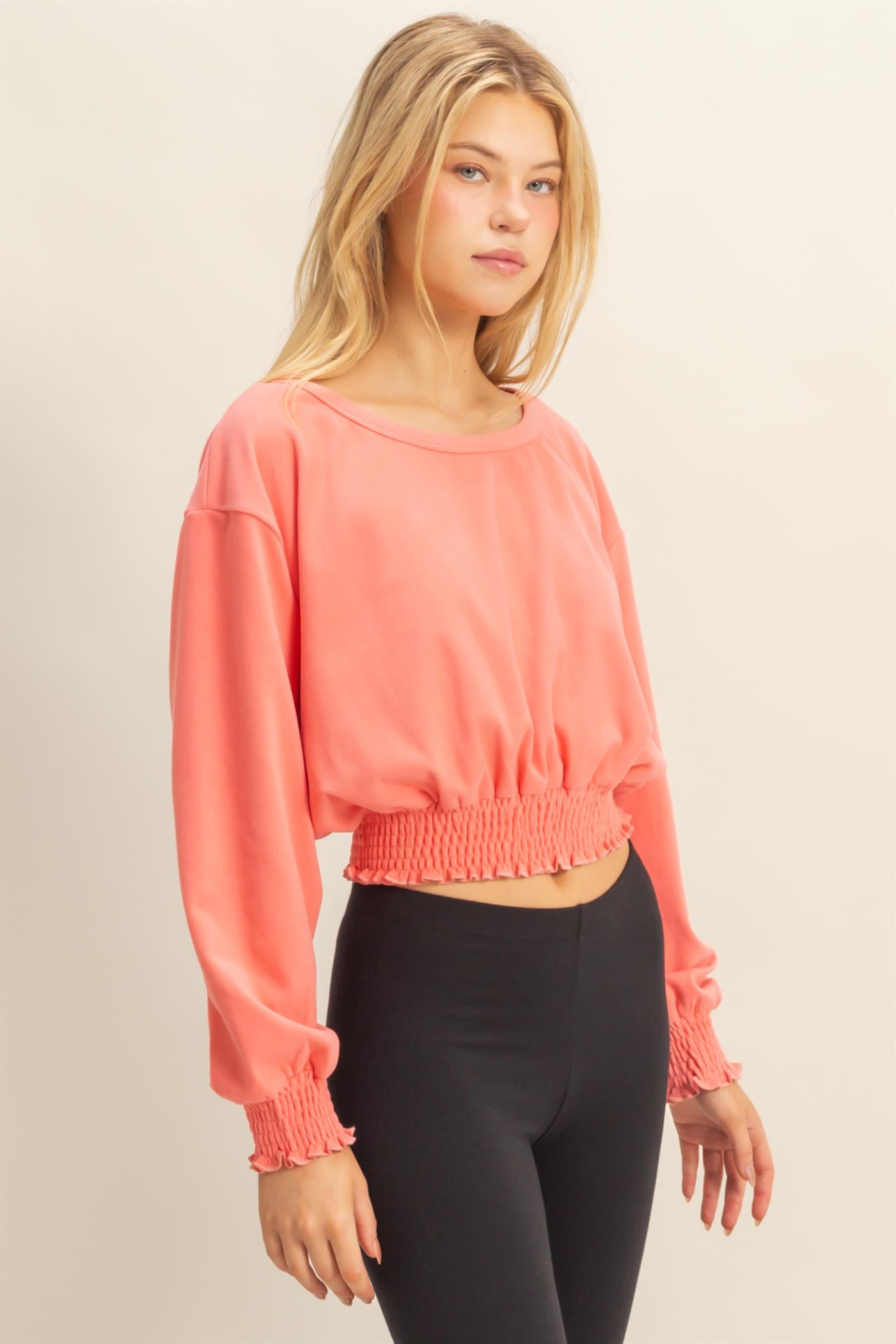 Wholesale Brushed Knit Smocked Crop Top Clothing Tops HF24C116 CORAL HYFVE