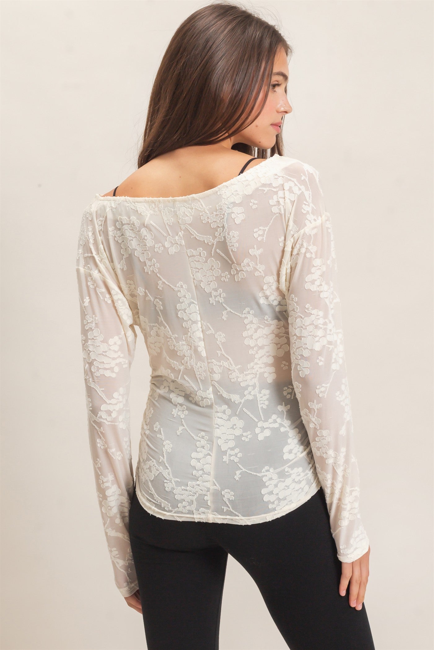 Wholesale Sheer Lace Boat Neck Top Blouses HF26E761 IVORY HYFVE