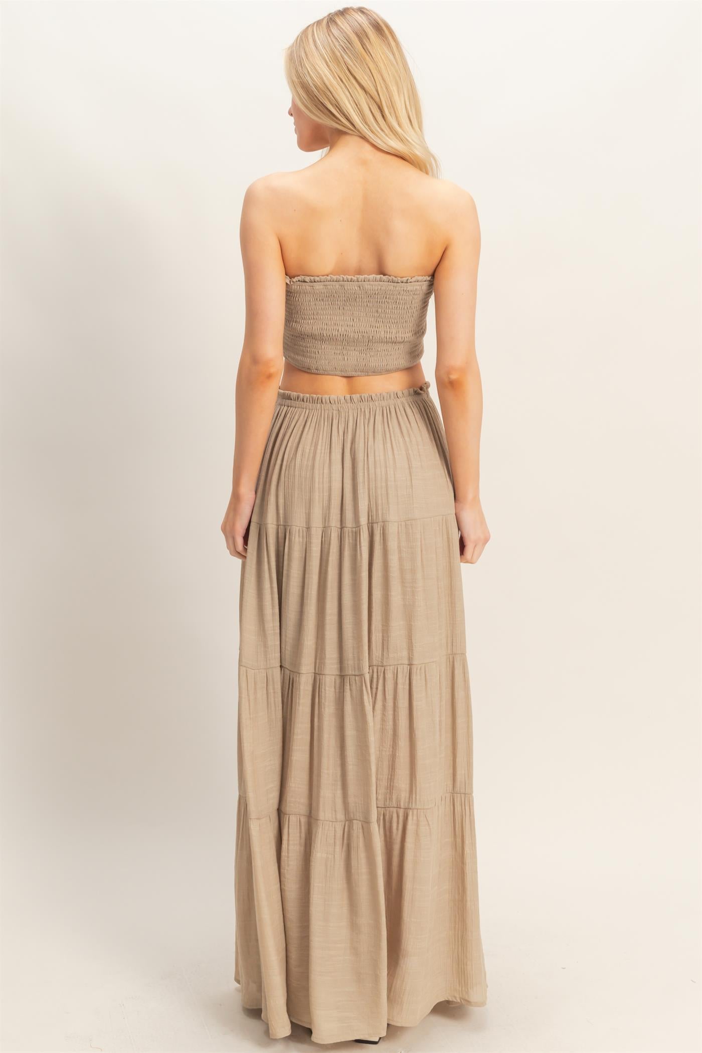 Wholesale Smocked Tube Top & Tiered Skirt Set Clothing HF26C289-SET-D TAUPE HYFVE