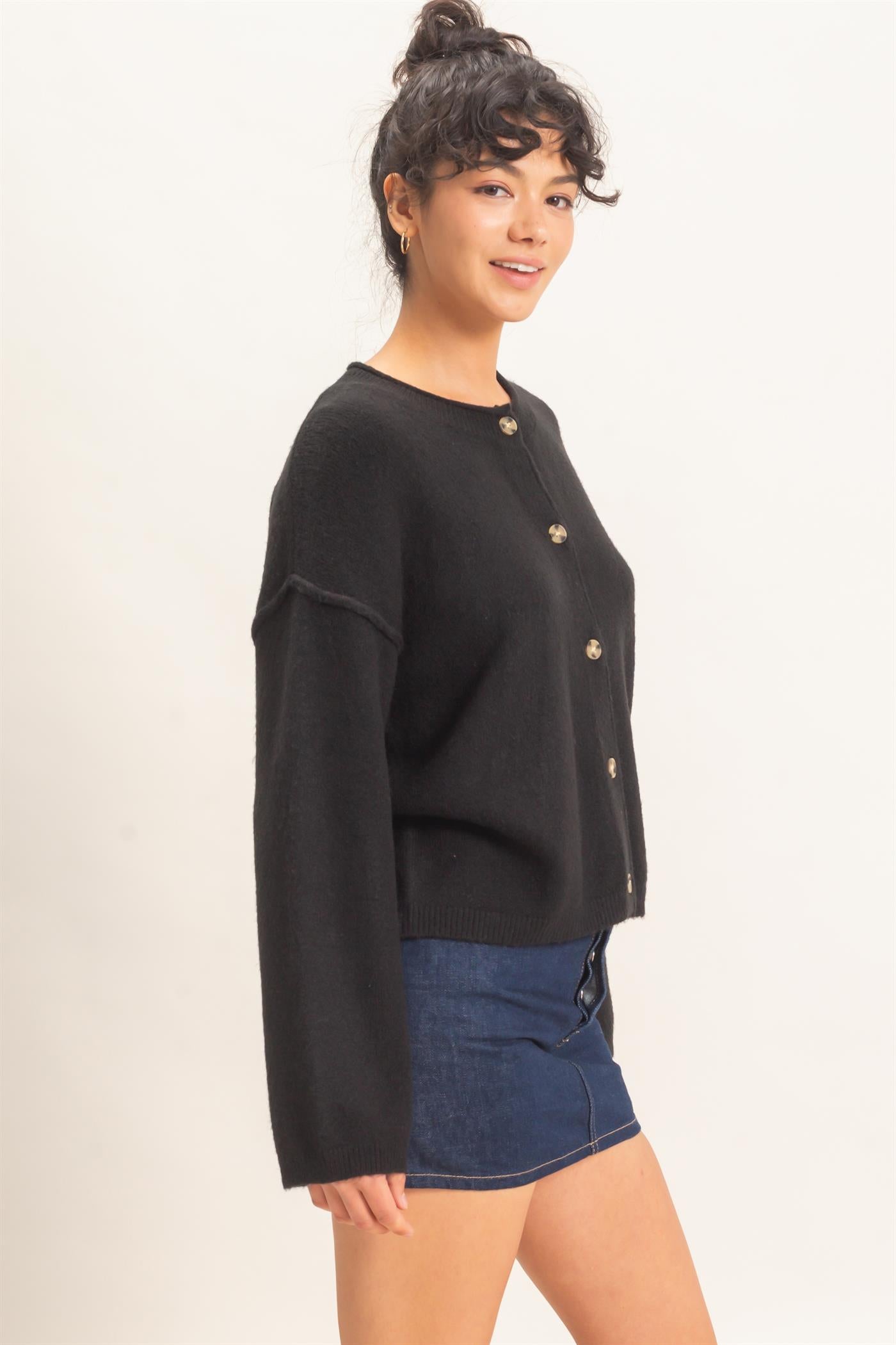 Wholesale Crew Neck Loose Fit Cardigan Cardigans DZ26E269 BLACK DOUBLE ZERO