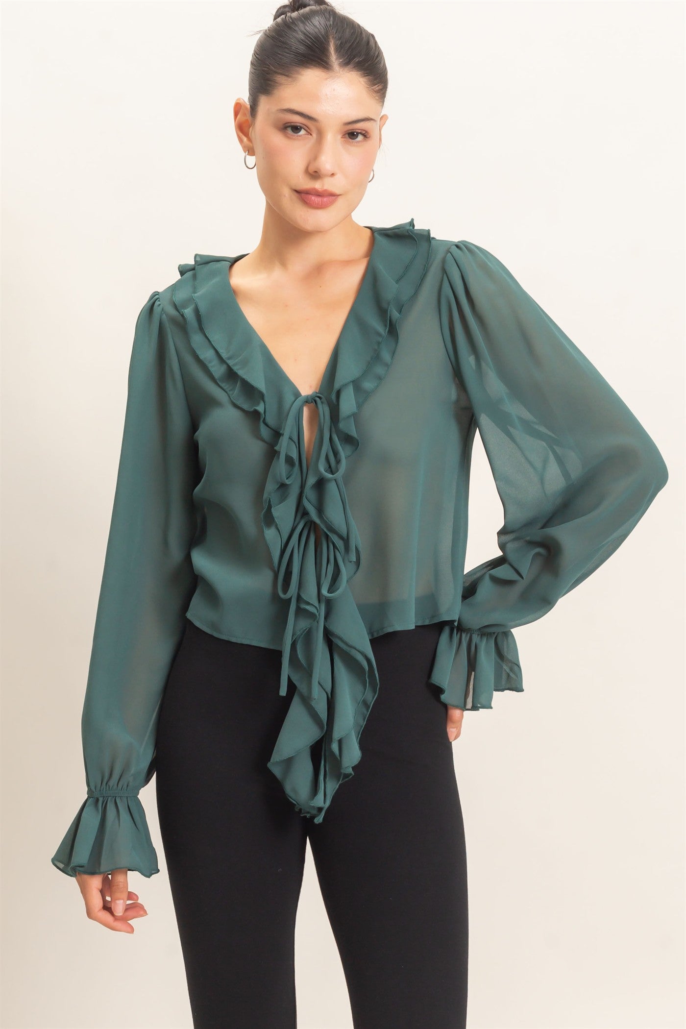 Wholesale Ruffled V-Neck Blouse Blouses HF26F066 TEAL GREEN HYFVE