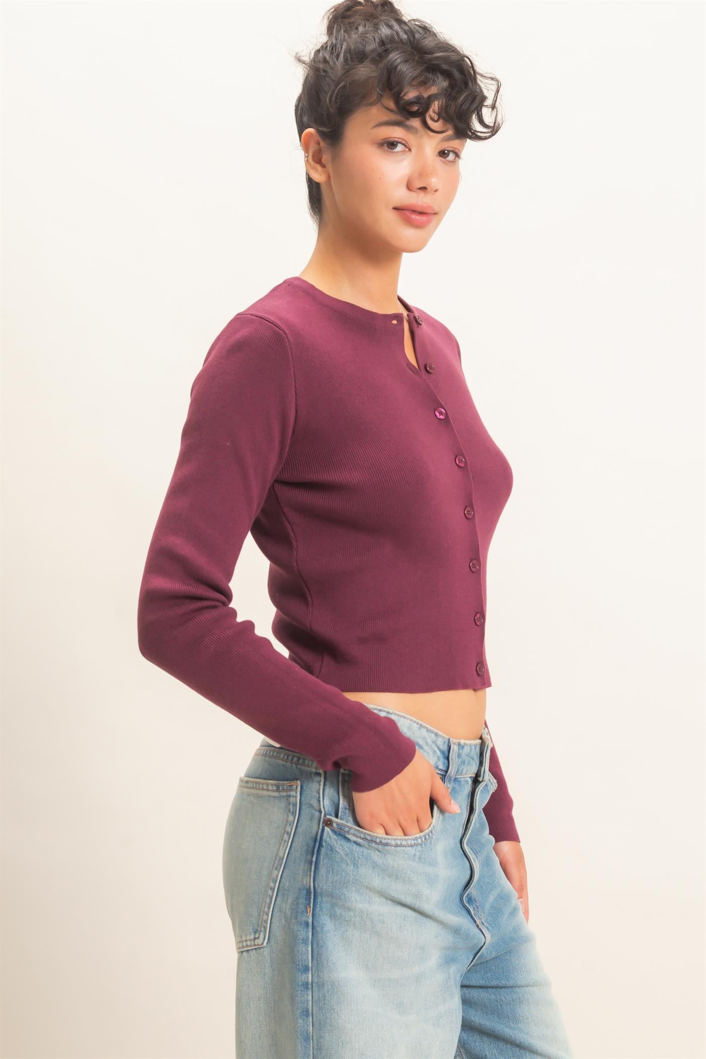 Wholesale Ribbed Crew Neck Cardigan Cardigans DZ27A153 DARK CHERRY DOUBLE ZERO