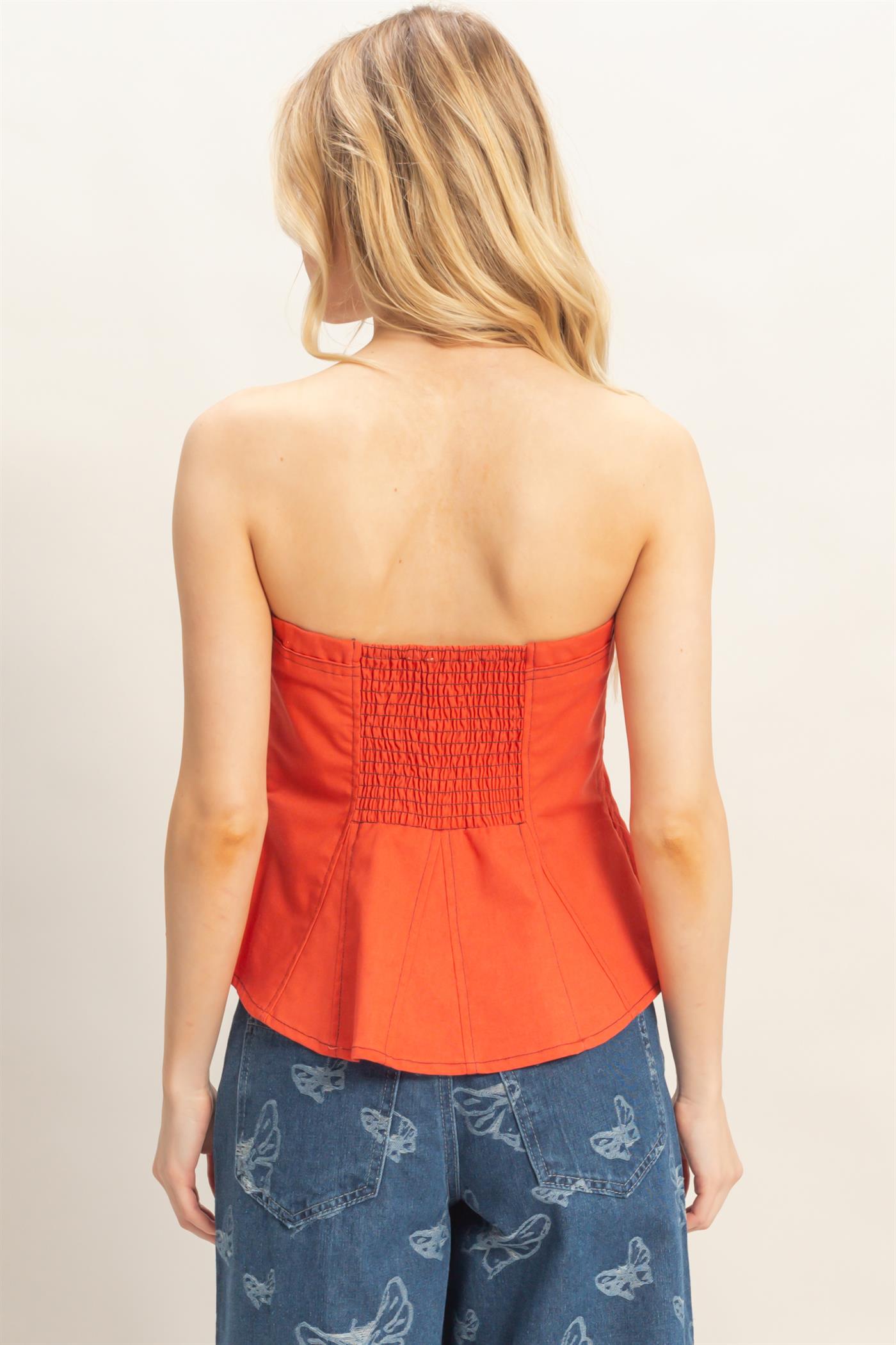 Wholesale Peplum Tube Top Clothing Tops HF26C401 TOMATO HYFVE