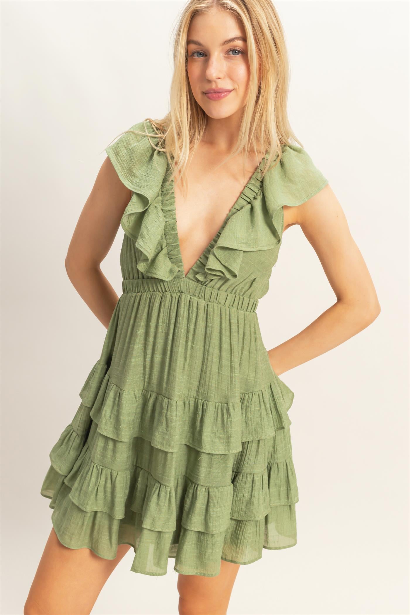 Wholesale Ruffle V-Neck Tiered Mini Dress Dresses HF26C283-D LIGHT OLIVE DOUBLE ZERO