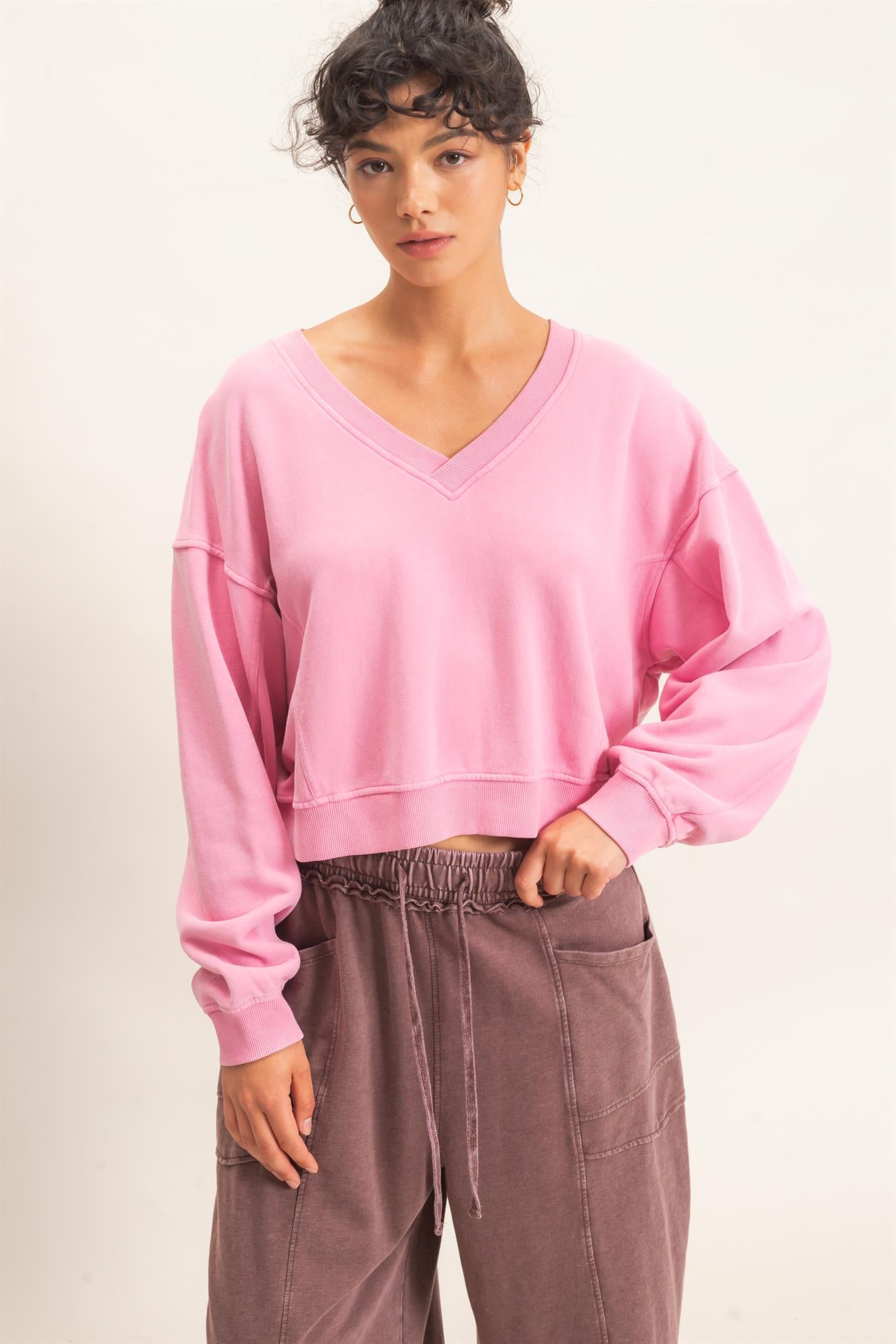 Wholesale Snow Wash V-Neck Sweatshirt Sweatshirts DZ26C844 PINK DOUBLE ZERO