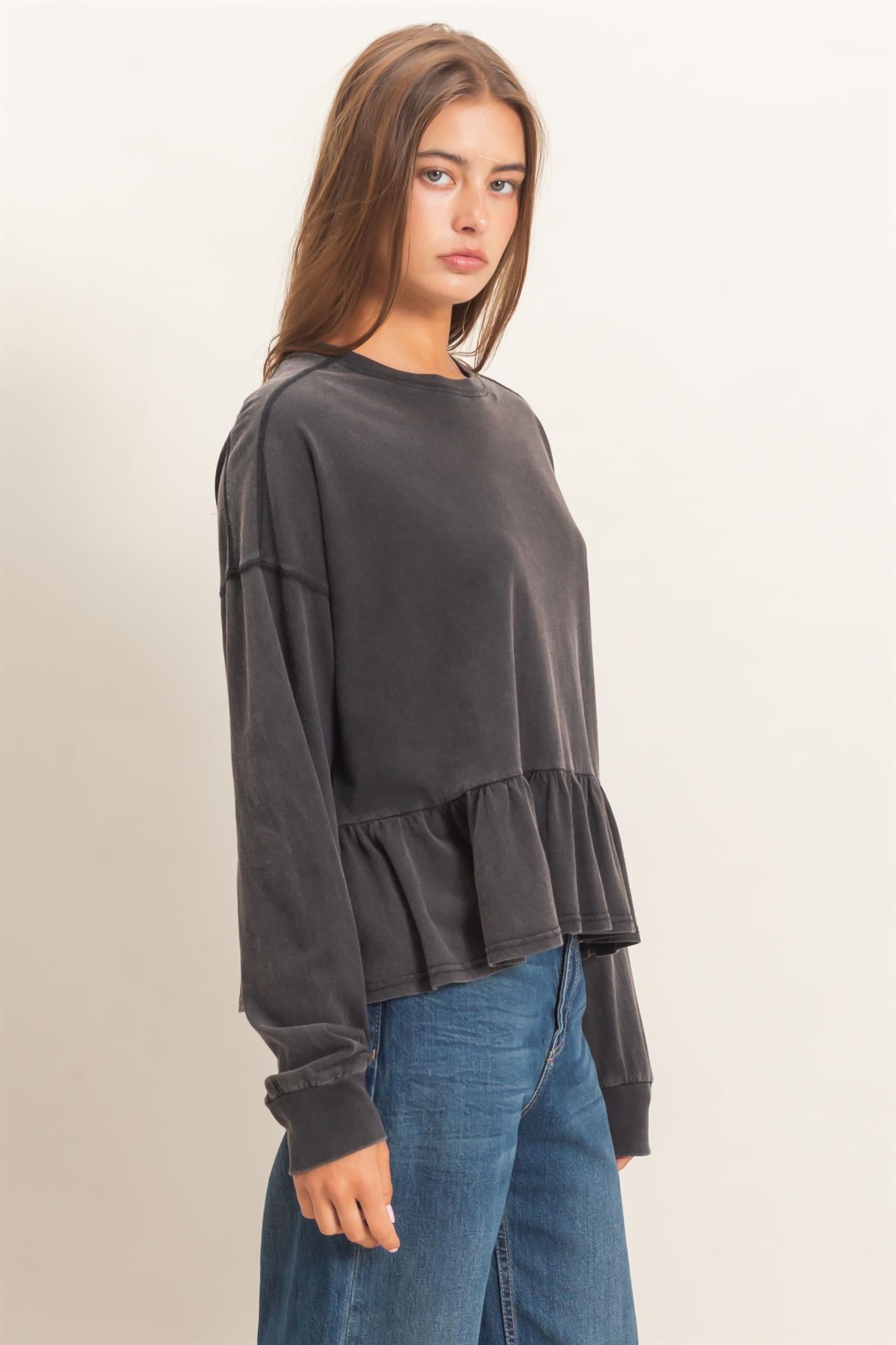Wholesale Peplum Long Sleeve Top Clothing Tops DZ26F397 BLACK DOUBLE ZERO