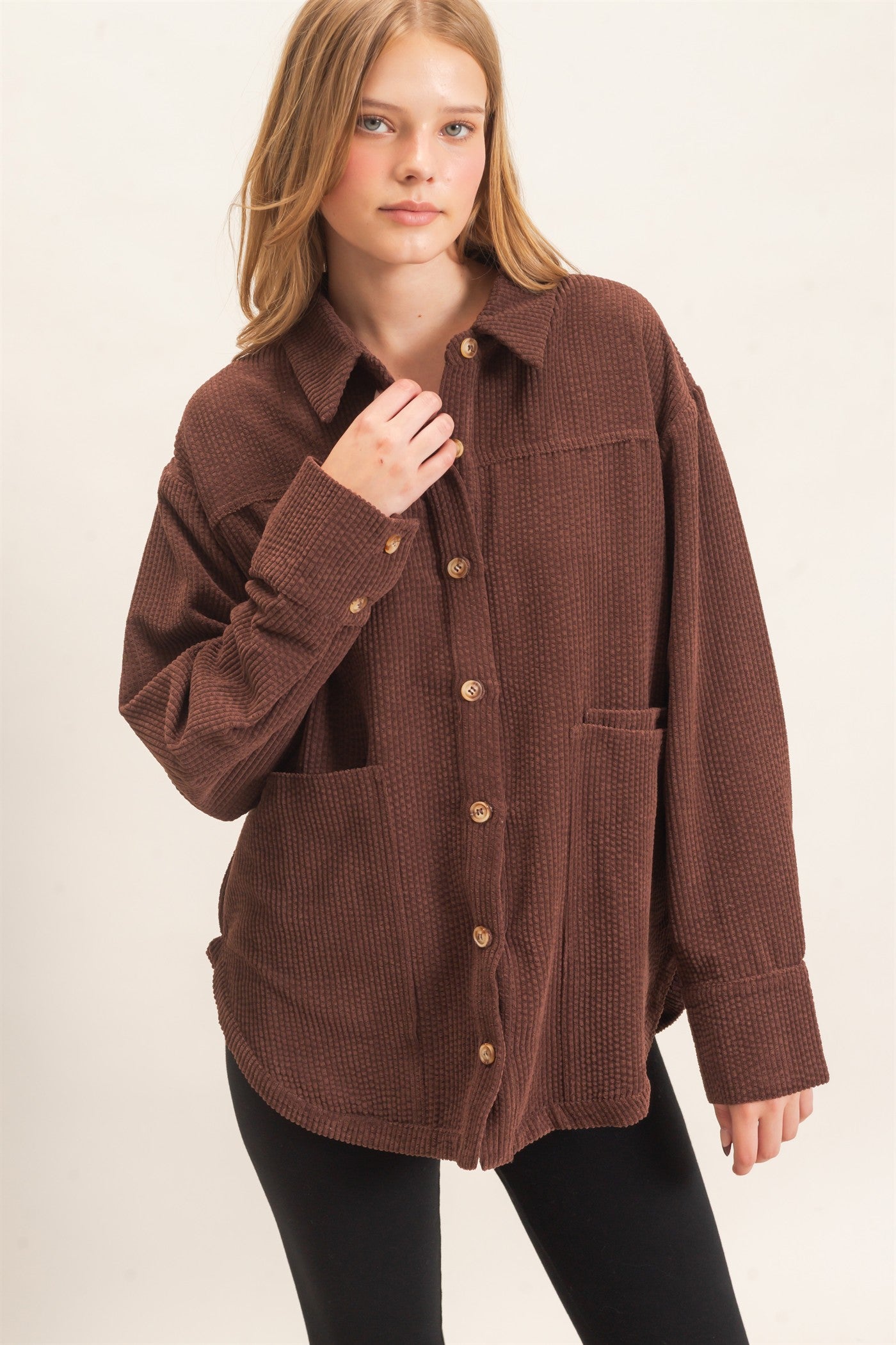 Wholesale Corduroy Button-Up Shirt Outerwear HF26F163 CHOCOLATE HYFVE