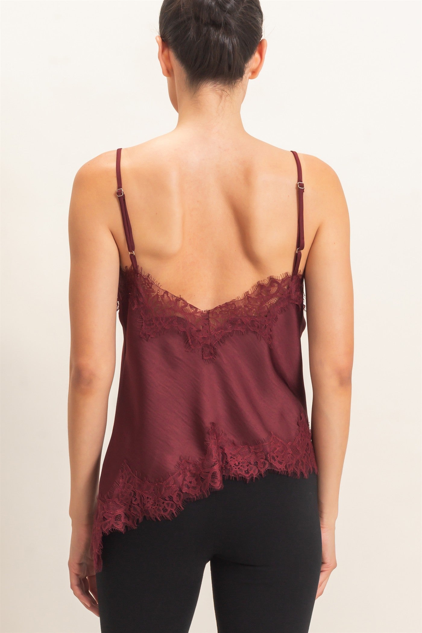 Wholesale Asymmetrical Satin Lace Top Camisoles HF26C945-D BURGUNDY HYFVE