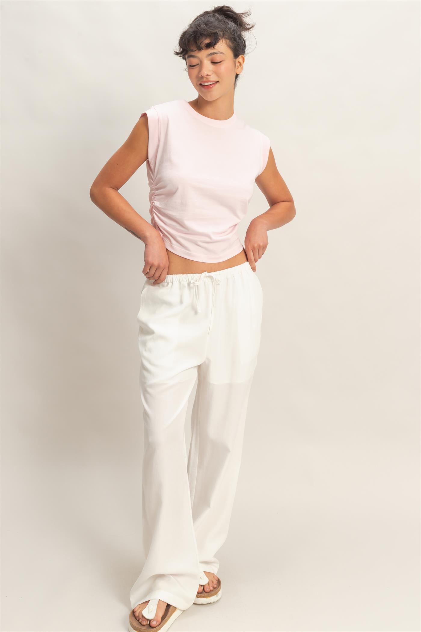 Wholesale Lyocell Linen Elastic Waist Straight Leg Pants Pants DZ26A979 WHITE DOUBLE ZERO