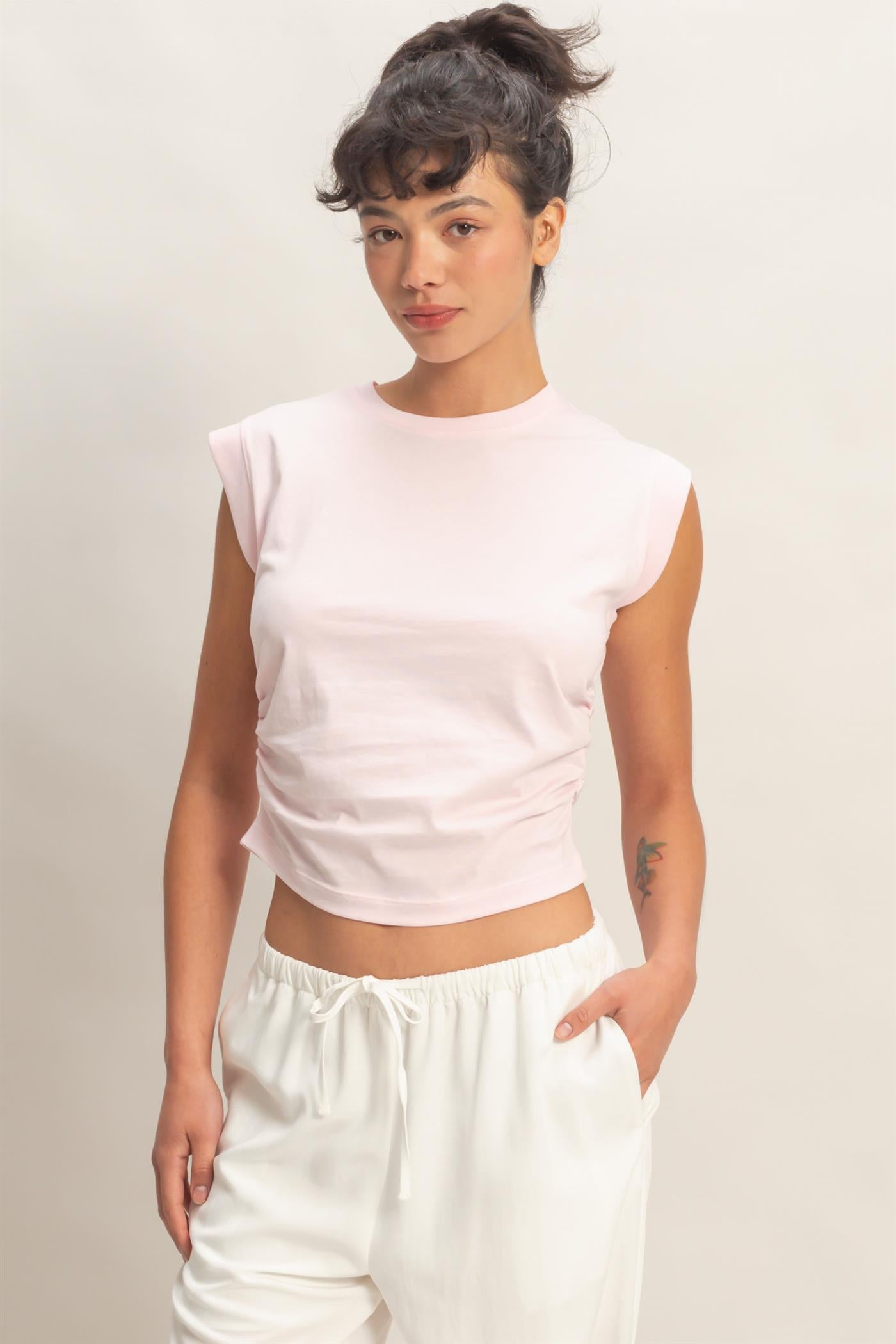 Wholesale Ruched Waist Sleeveless Cotton Top Clothing Tops DZ26C520 SOFT PINK DOUBLE ZERO