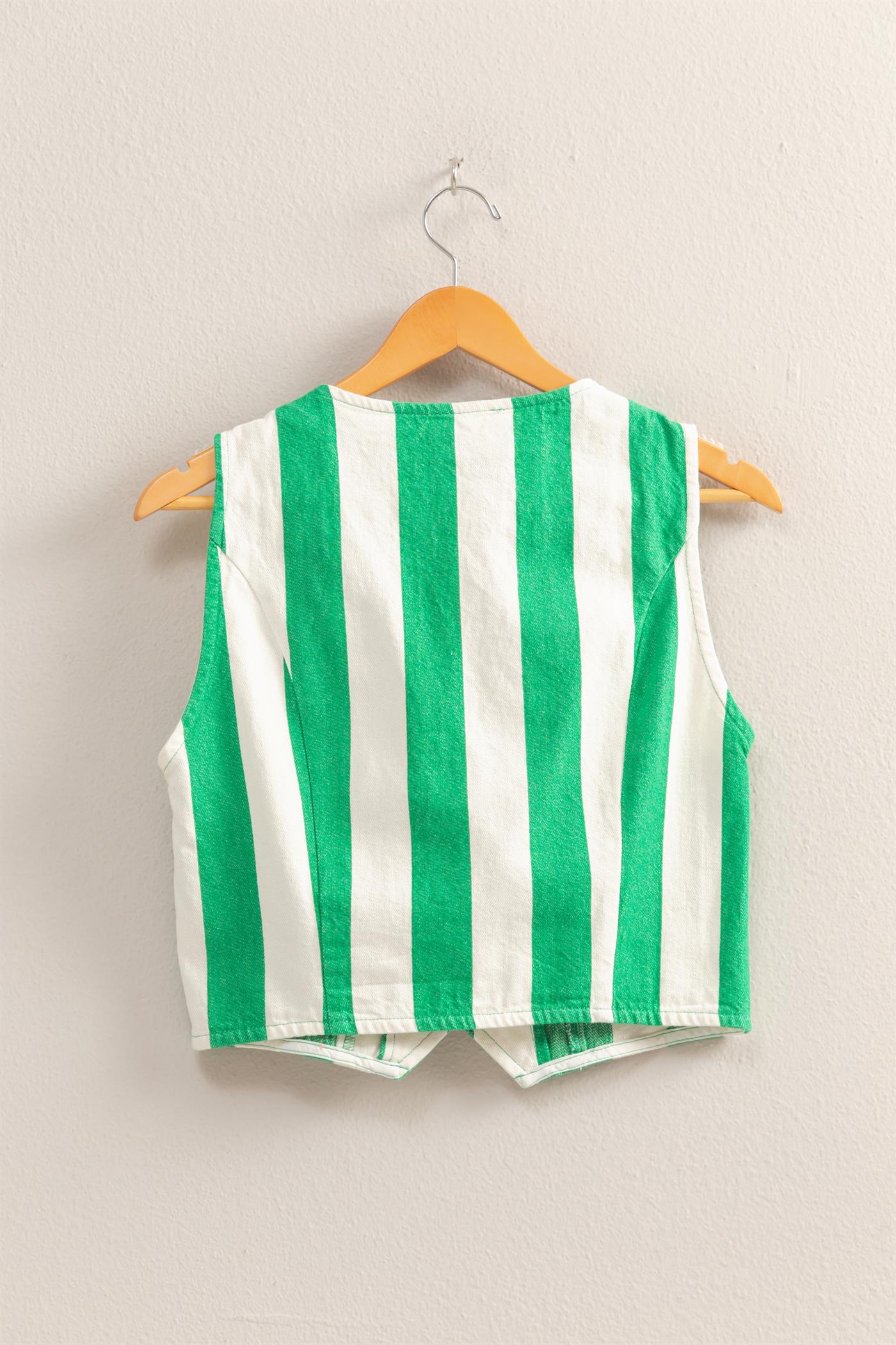 Wholesale Woven Striped V-Neck Sleeveless Vest Vests DZ25A806 GREEN/CREAM DOUBLE ZERO