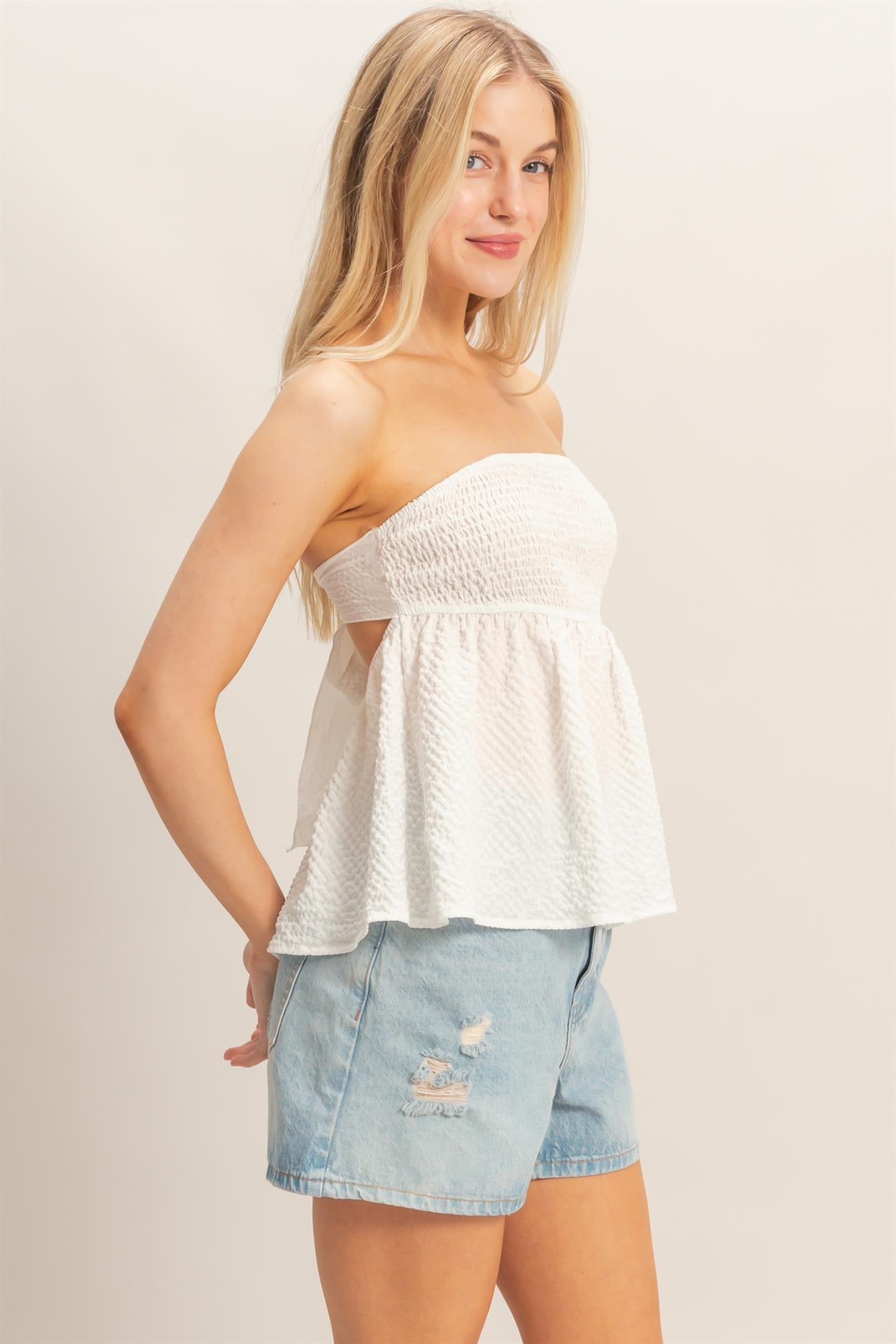 Wholesale Smocked Tube Top With Tie Back Clothing Tops HF26A757 OFF WHITE HYFVE