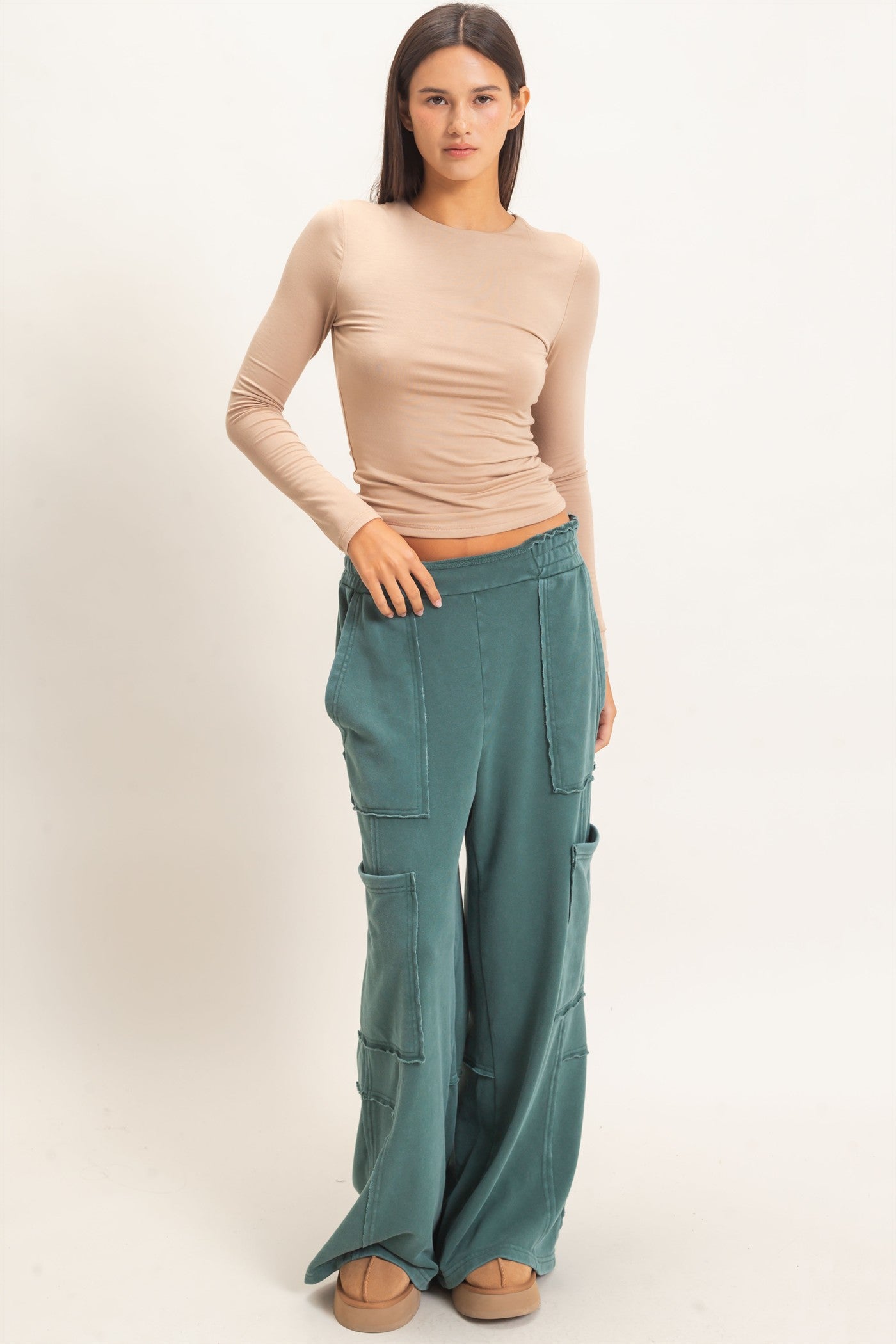 Wholesale Crew Neck Long Sleeve Top Clothing Tops DZ26E978 DARK TAUPE DOUBLE ZERO