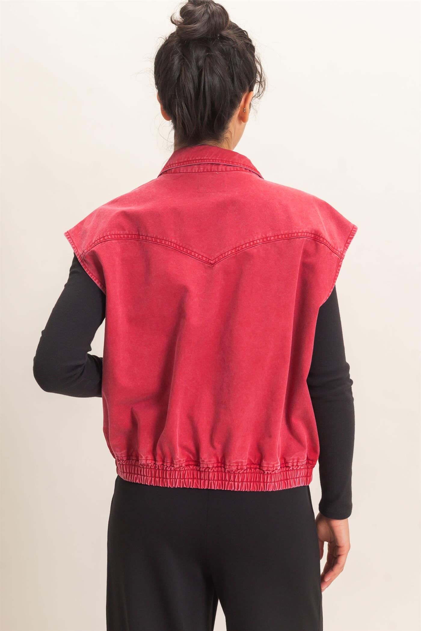 Wholesale Mineral Wash Sleeveless Zip-Up Collar Vest Vests DZ26E392 DARK RED DOUBLE ZERO