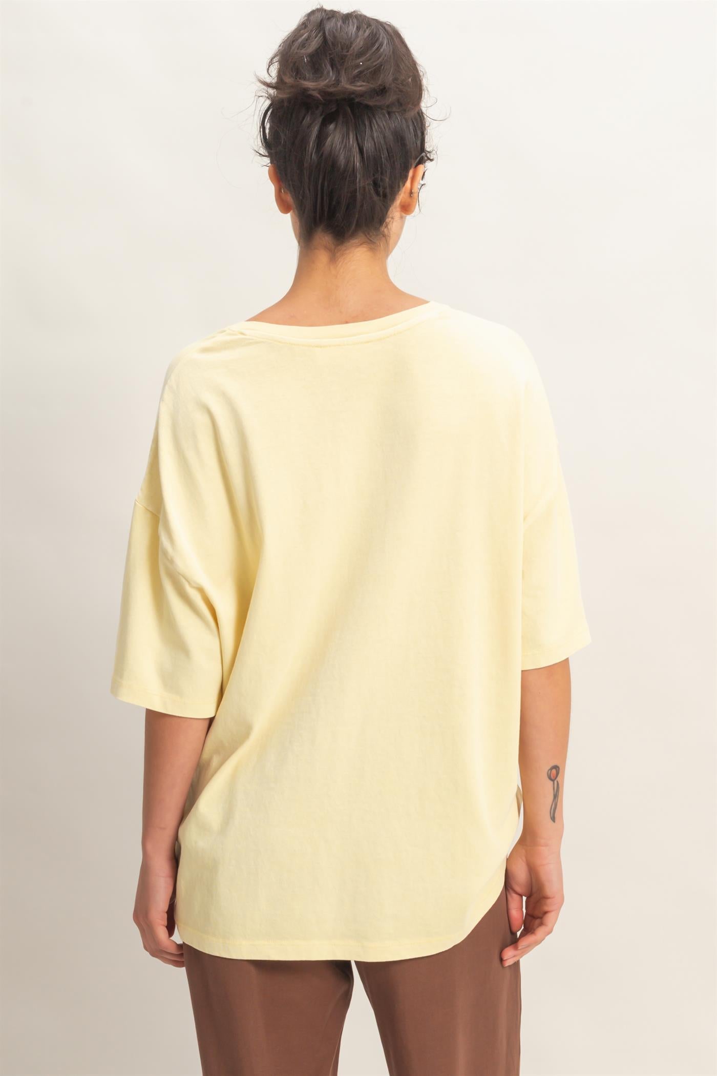 Wholesale Oversized Varsity Style V-Neck Graphic T-Shirt T-Shirts DZ26C200 PALE YELLOW DOUBLE ZERO