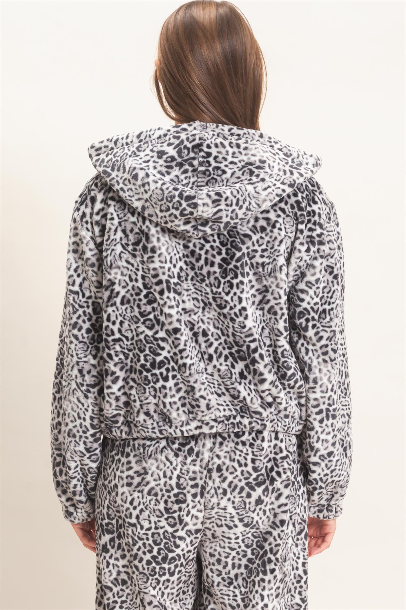Wholesale Leopard Fleece Zip-Up Hoodie Hoodies DZ26E831 GRAY DOUBLE ZERO