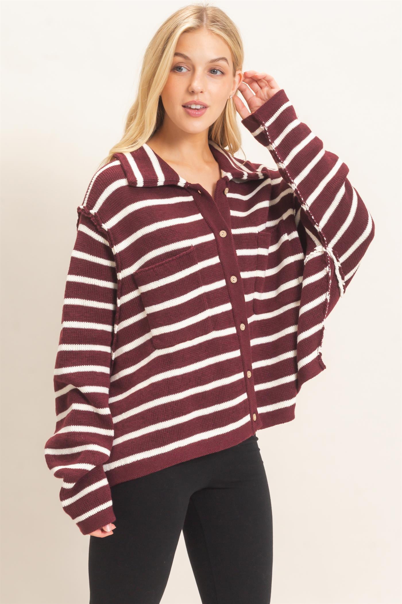 Wholesale Striped Button Front Cardigan Sweaters HF26F197 WINE HYFVE