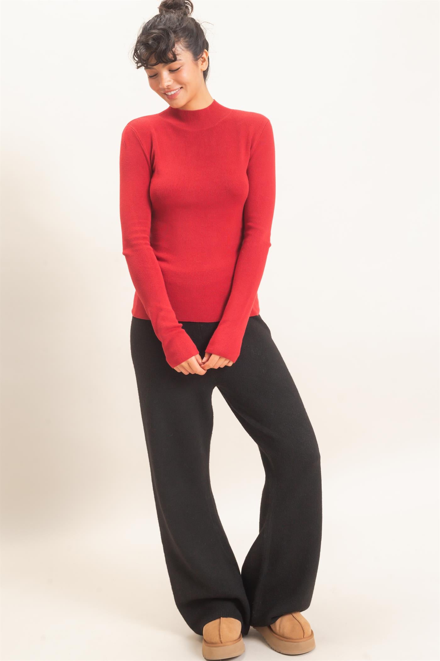 Wholesale Ribbed Mock Neck Long Sleeve Knit Top Clothing Tops DZ26F201 DARK RED DOUBLE ZERO